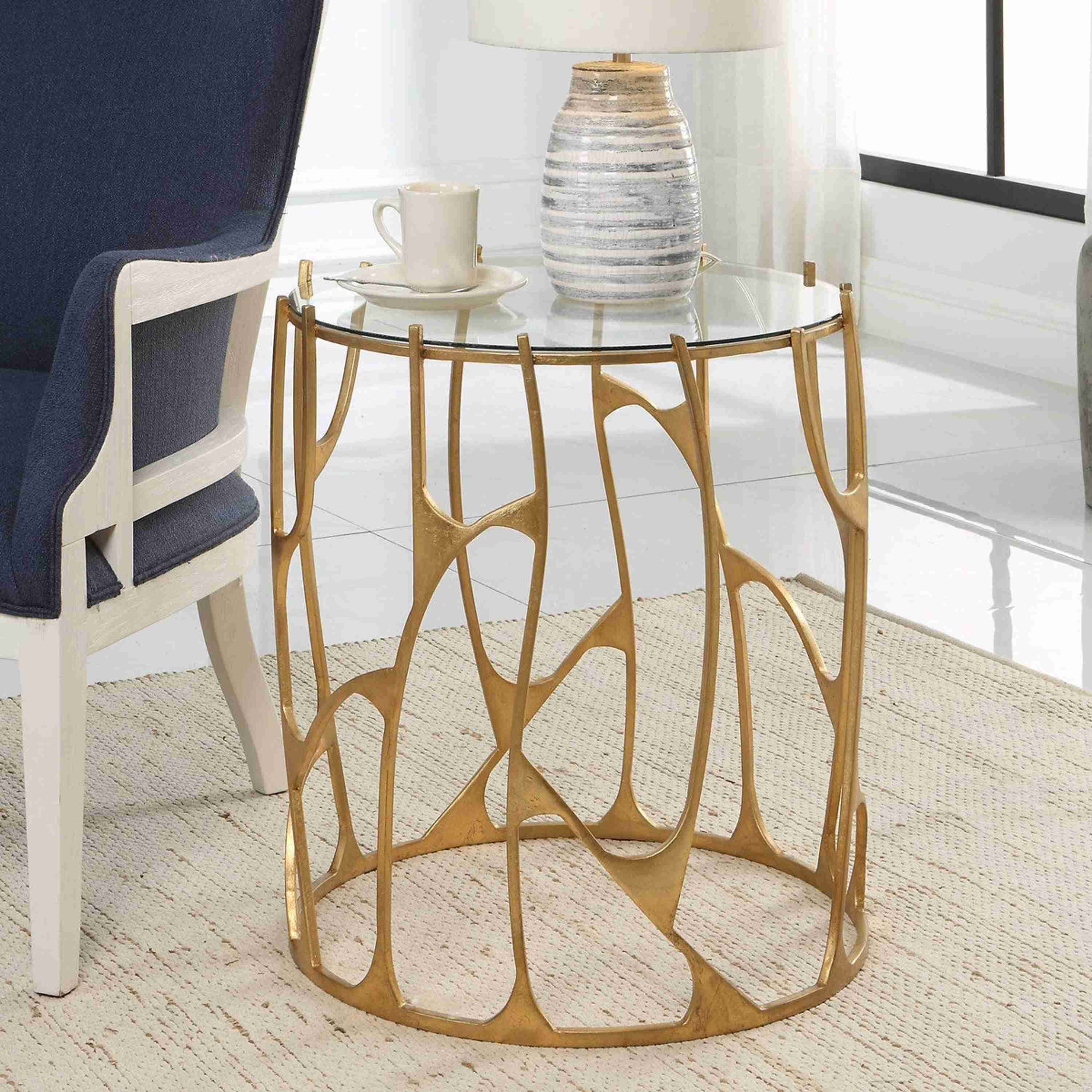 Uttermost Ritual Glass Top Aged Gold Leaf Iron Sculptural Modern Side Table - Image 2