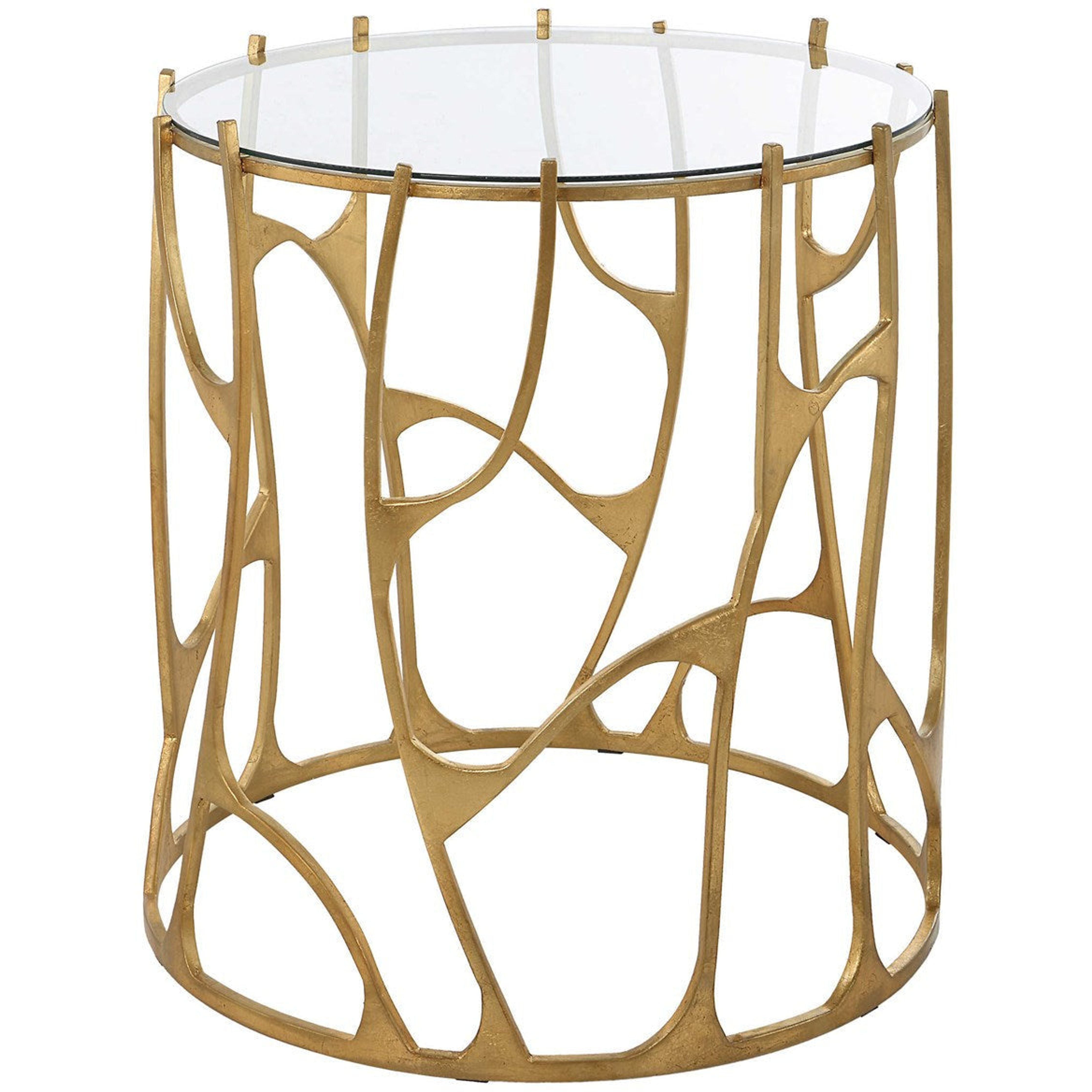 Uttermost Ritual Glass Top Aged Gold Leaf Iron Sculptural Modern Side Table - Image 1