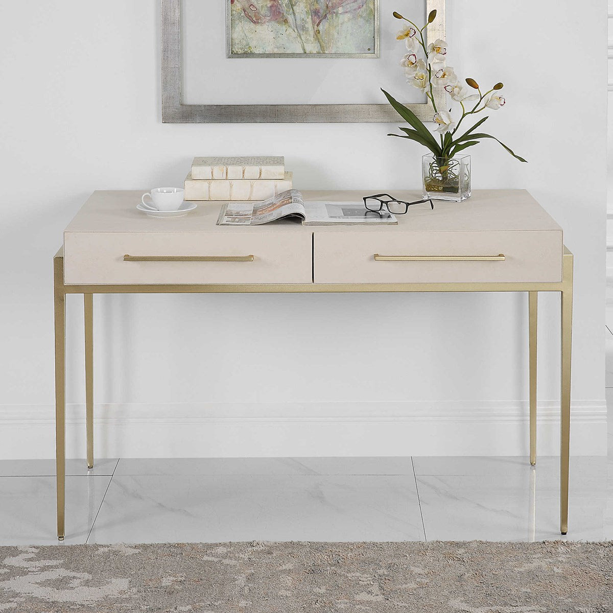 Uttermost Jewel White Faux Shagreen Top With Gold Leaf Iron Writing Desk - Image 3