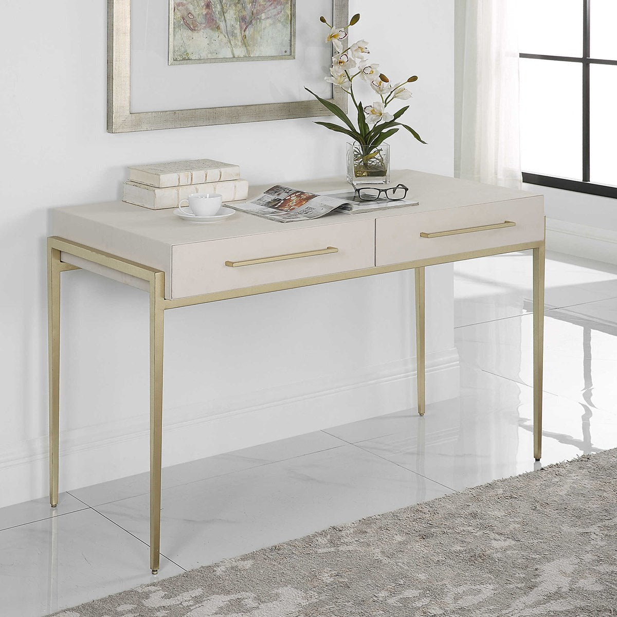 Uttermost Jewel White Faux Shagreen Top With Gold Leaf Iron Writing Desk - Image 1