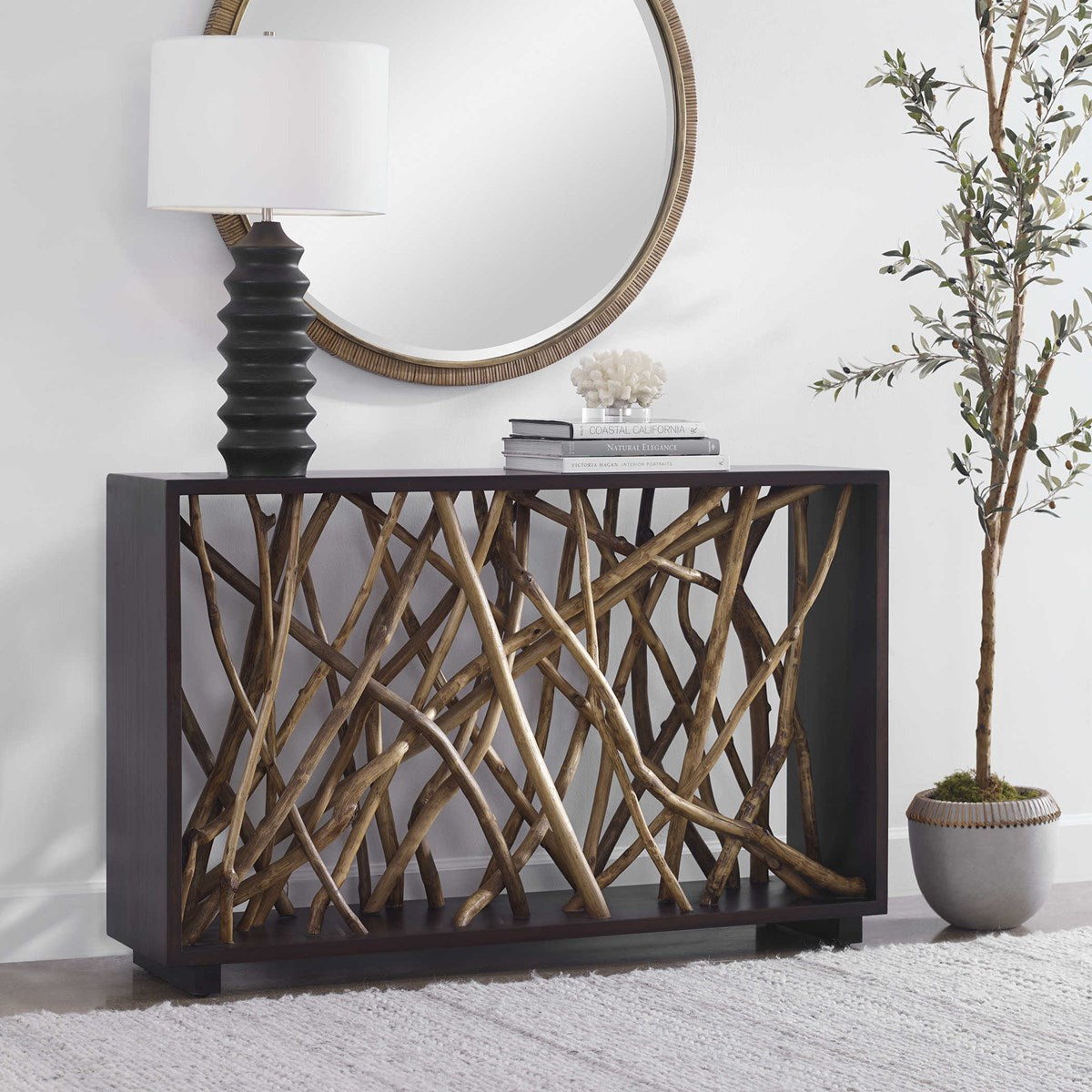 Uttermost Teak Maze Gathered Branches Rustic Modern Wood Console Table - Image 3