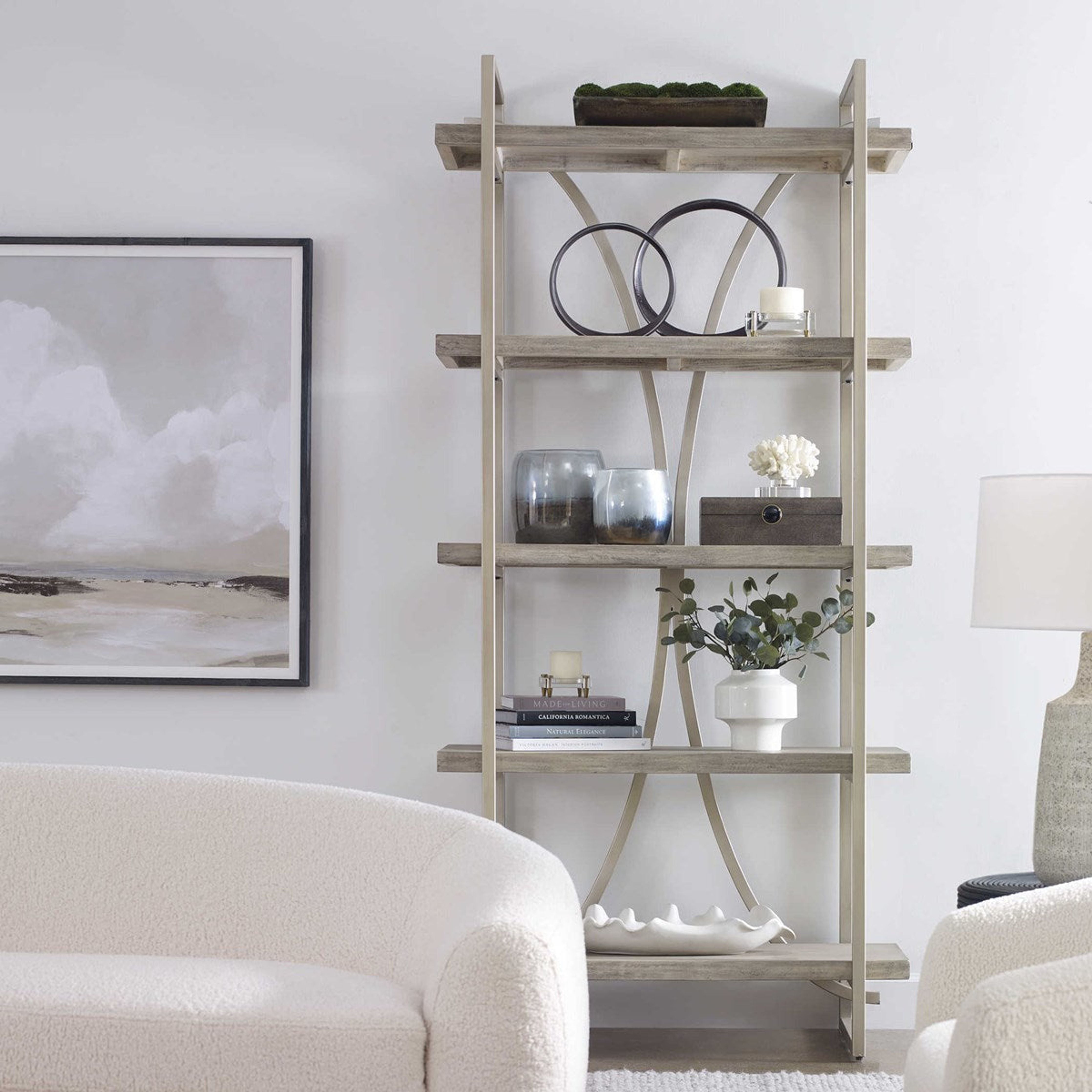 Uttermost Sway Distressed Gray Mango Wood Shelves With Antiqued Metal Framework Etagere - Image 1