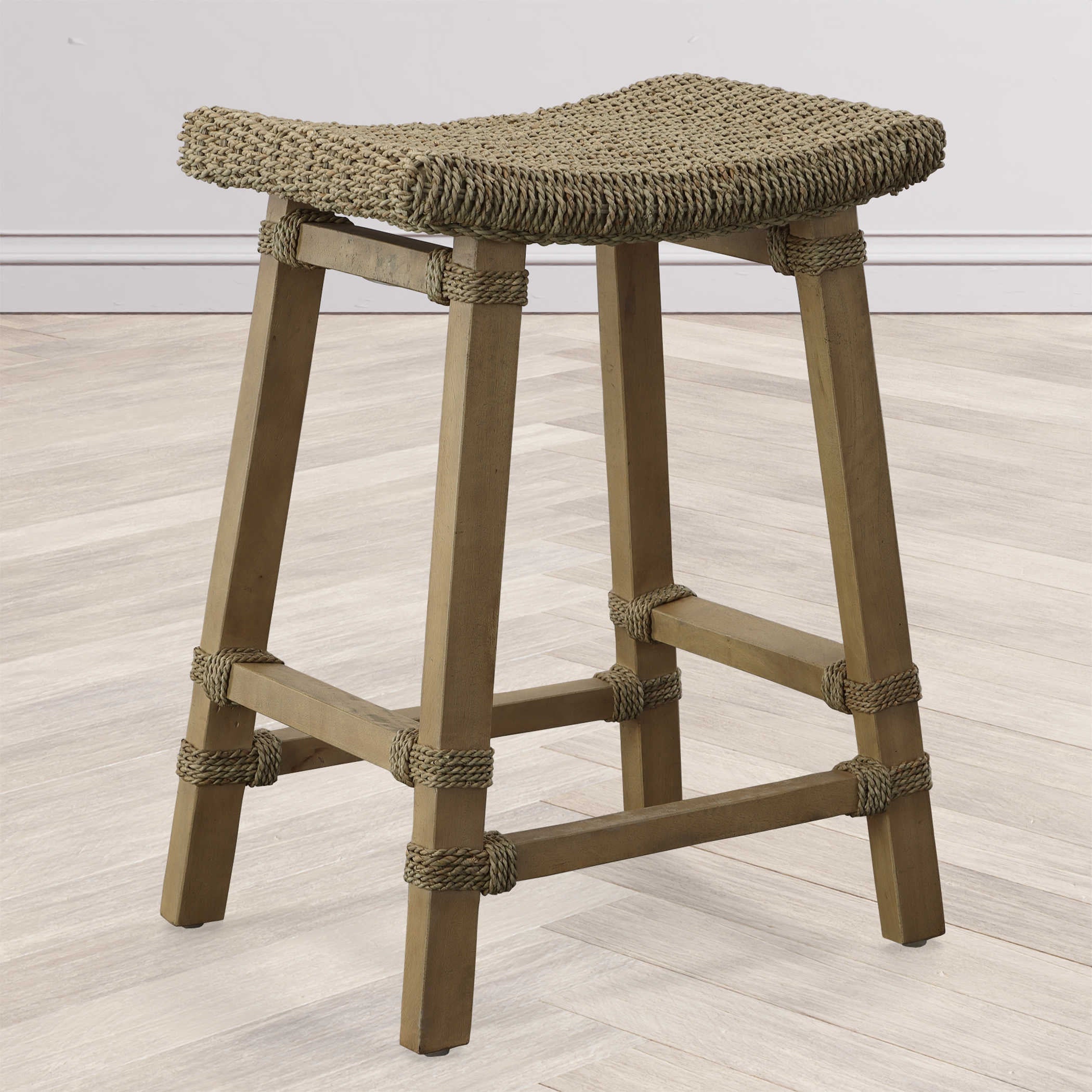 Uttermost Everglades Woven Sea Grass Seat With Mango Wood Kitchen Counter Stool - Image 1