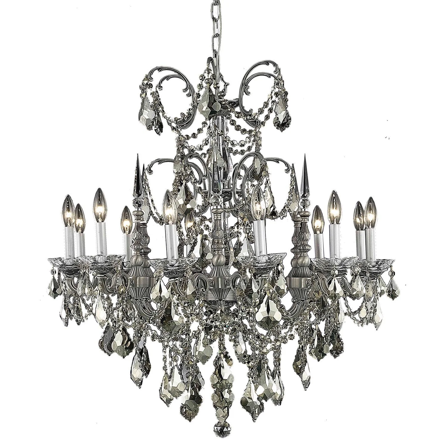Athena Pewter Twelve-Light Chandelier with Golden Teak/Smoky Royal Cut Crystals - Image 1