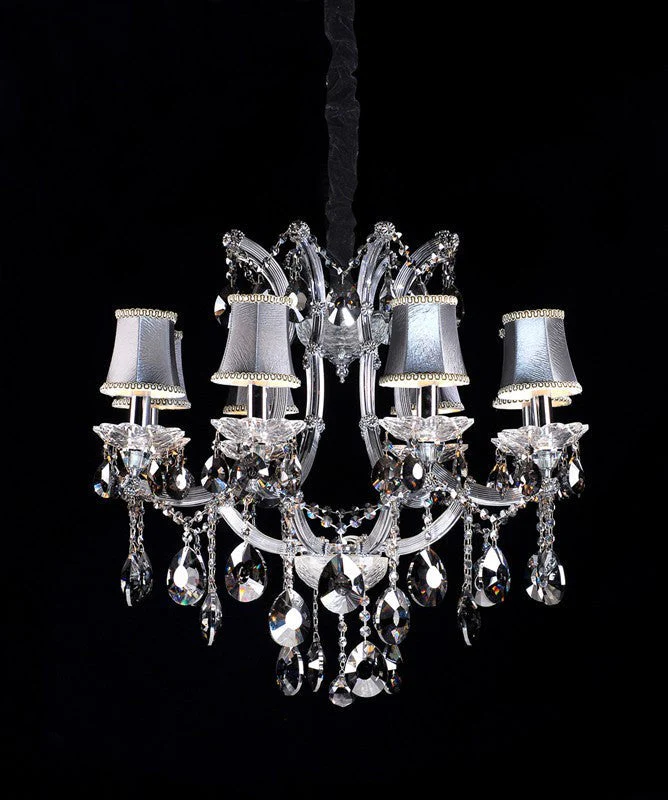 Polished chrome traditional crystal Chandelier dressed with silver lampshades - Image 1
