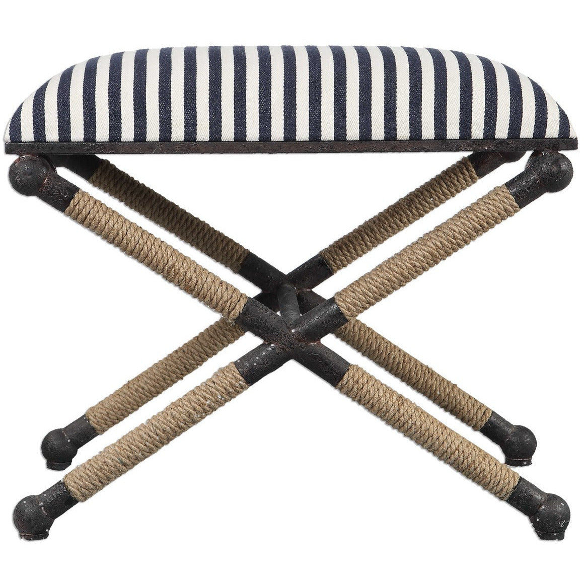 Uttermost Braddock Navy & Cream Stripe Cushion Top Rope Wrapped Rustic Iron Modern Coastal Small Bench - Image 3