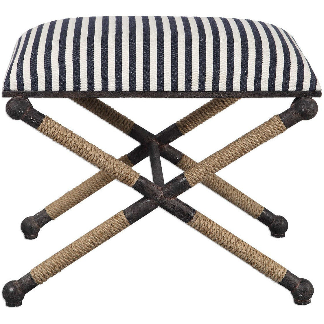 Uttermost Braddock Navy & Cream Stripe Cushion Top Rope Wrapped Rustic Iron Modern Coastal Small Bench - Image 1