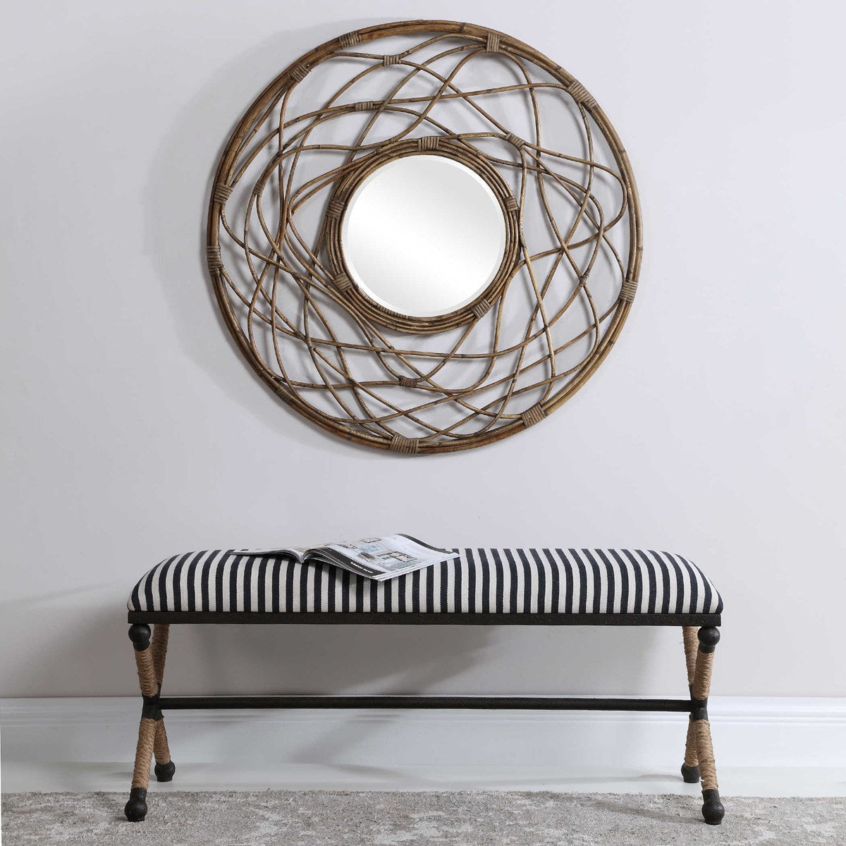 Uttermost Braddock Navy & Cream Stripe Cushion With Rustic Iron Modern Coastal Bench - Image 1
