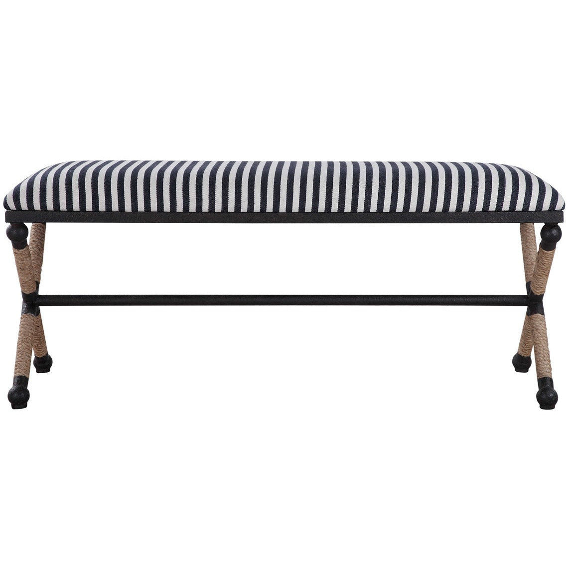 Uttermost Braddock Navy & Cream Stripe Cushion With Rustic Iron Modern Coastal Bench - Image 2