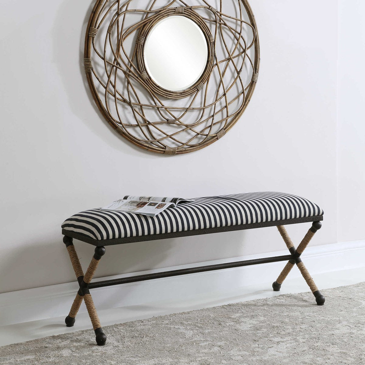 Uttermost Braddock Navy & Cream Stripe Cushion With Rustic Iron Modern Coastal Bench - Image 3