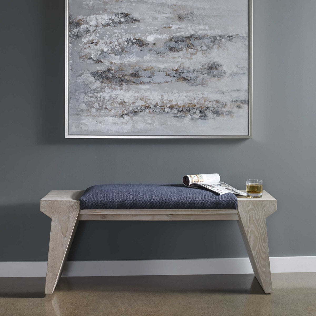 Uttermost Davenport Navy Blue Cushion Top With Fir Wood Modern Coastal Bench - Image 1
