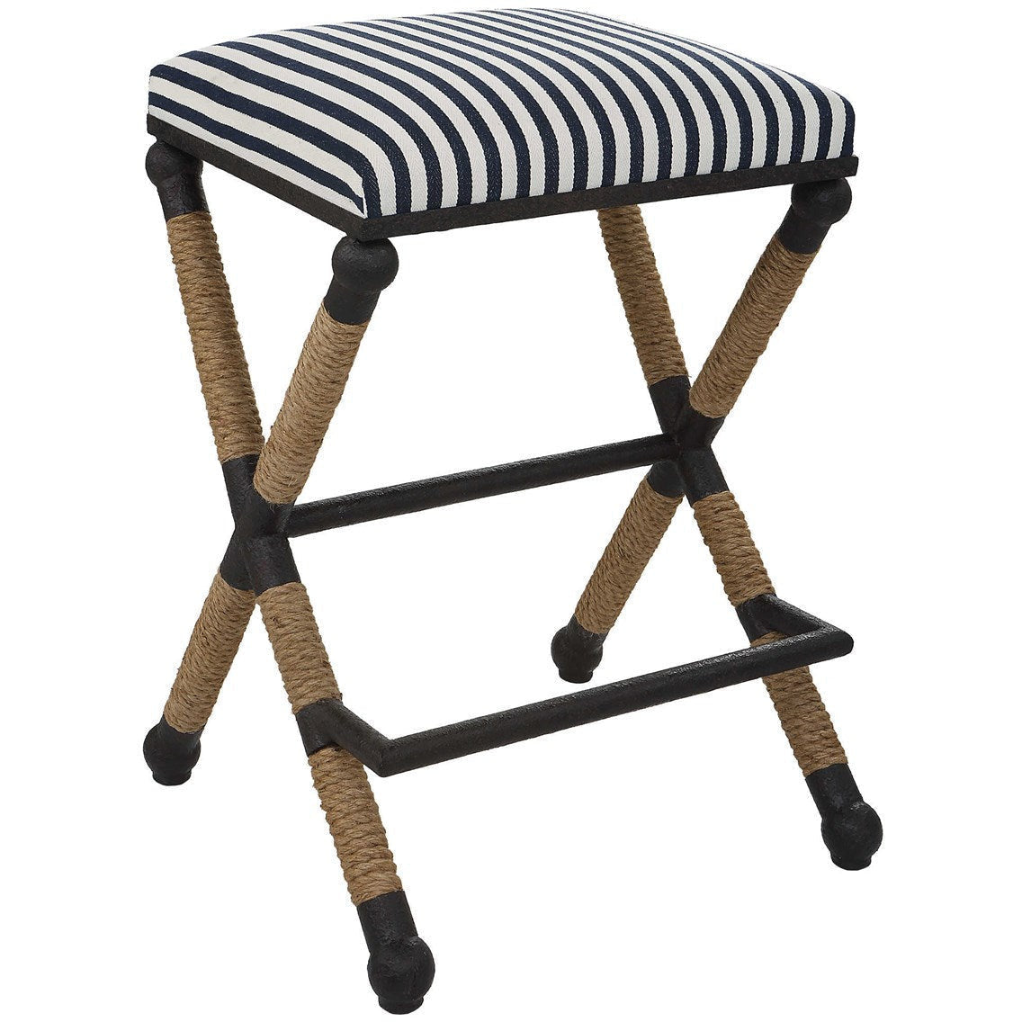 Uttermost Braddock Navy & Cream Stripe Performance Fabric Rope Wrapped Rustic Iron Modern Coastal Counter Stools - Image 2