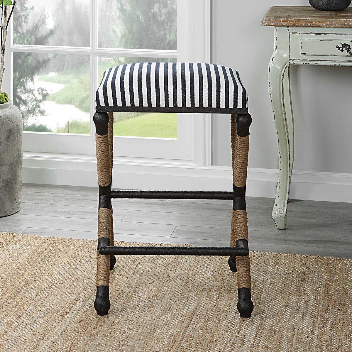 Uttermost Braddock Navy & Cream Stripe Performance Fabric Rope Wrapped Rustic Iron Modern Coastal Counter Stools - Image 3