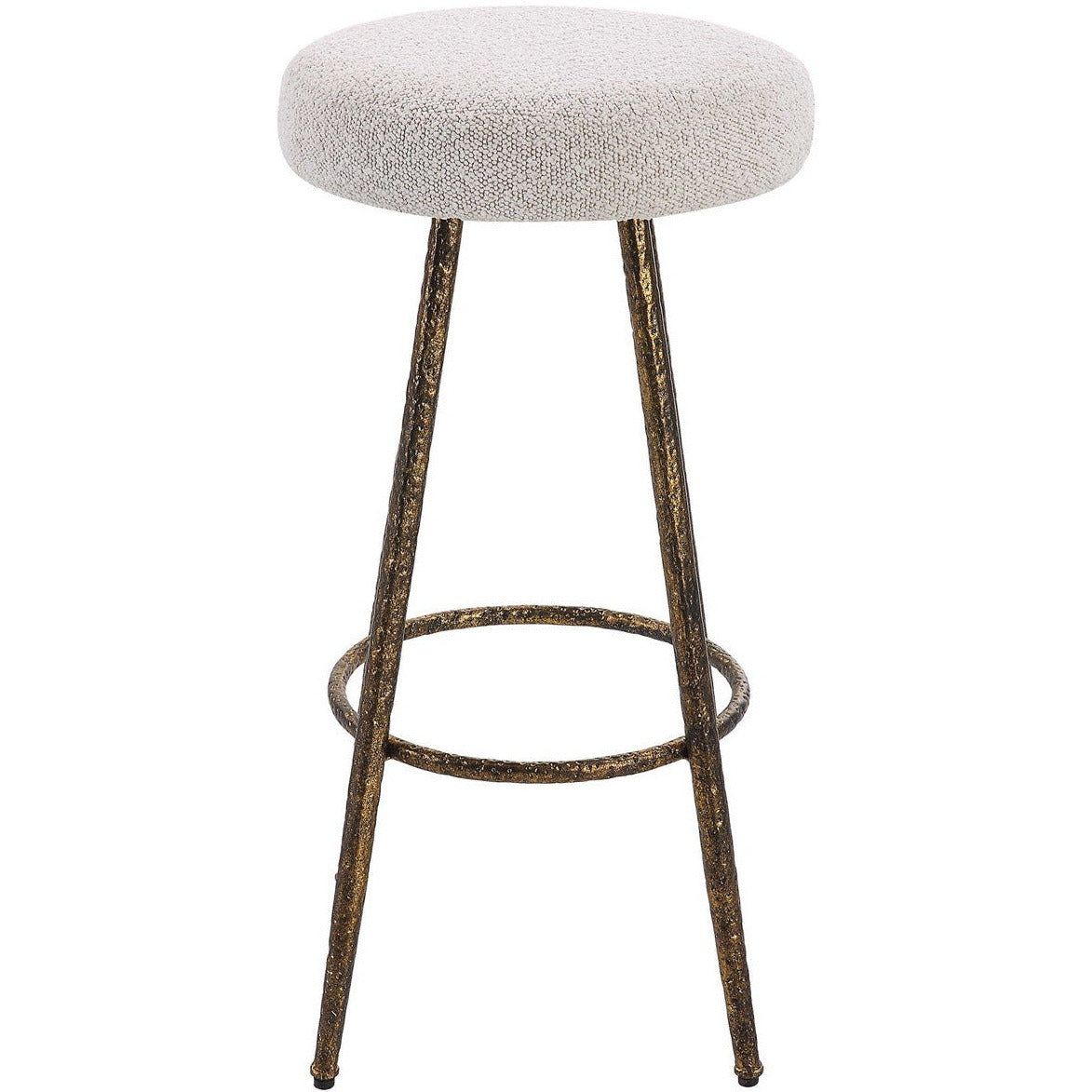 Uttermost Braven White & Gray Boucle Fabric Seat With Antiqued Metallic Gold Base Kitchen Counter Stool - Image 3