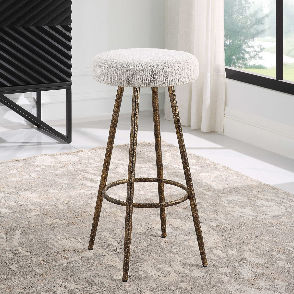 Uttermost Braven White & Gray Boucle Fabric Seat With Antiqued Metallic Gold Base Kitchen Counter Stool - Image 1