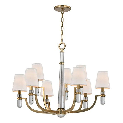 Brass Nine-Light Chandelier with Cream Shade - Image 1