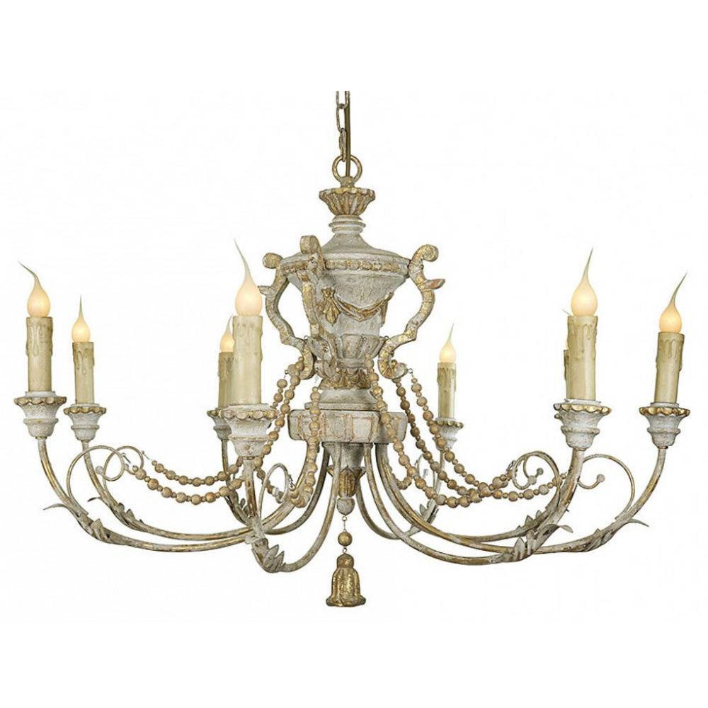 Provence Home Distressed French Grey & Gold Carved Wood Antiqued Metal 8 Arm Chandelier - Image 1