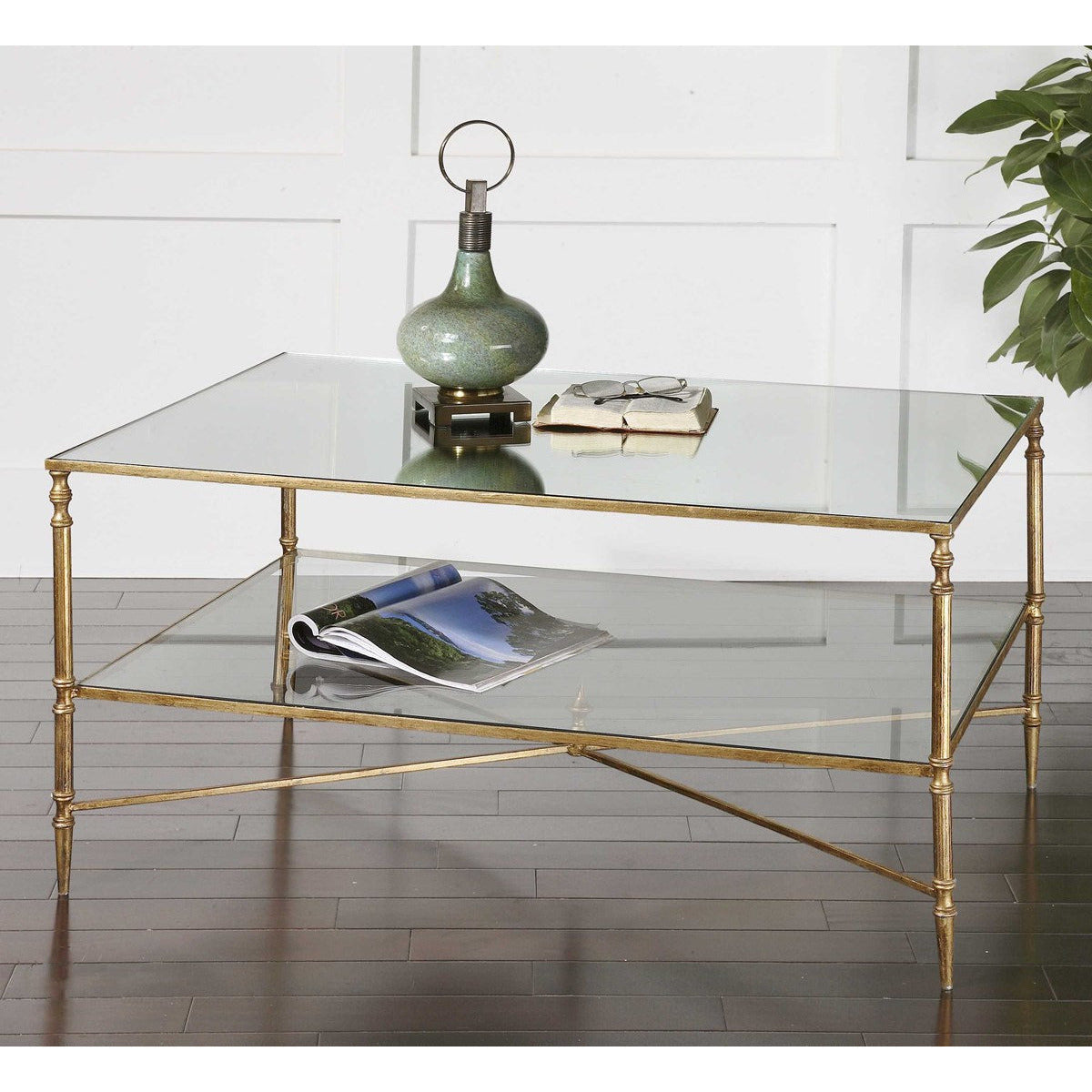 Uttermost Henzler Mirrored Top With Antiqued Gold Iron Coffee Table - Image 3