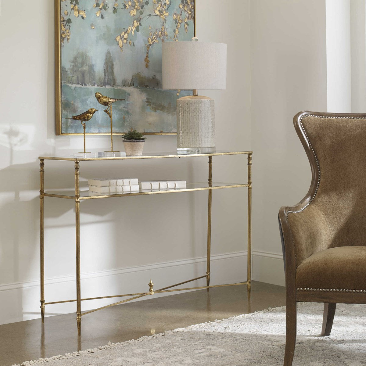 Uttermost Henzler Mirrored Top With Antiqued Gold Iron Console Table - Image 1