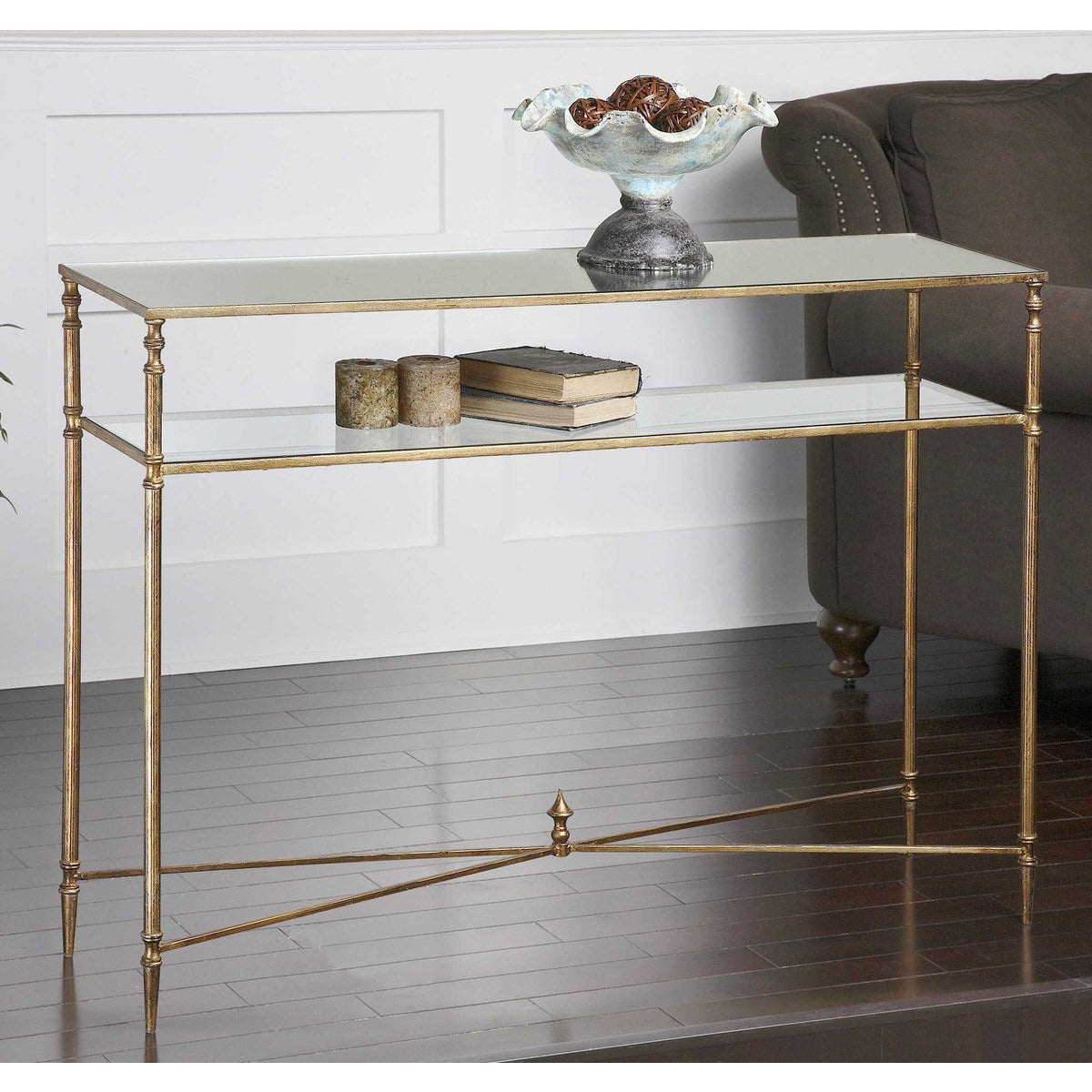 Uttermost Henzler Mirrored Top With Antiqued Gold Iron Console Table - Image 3