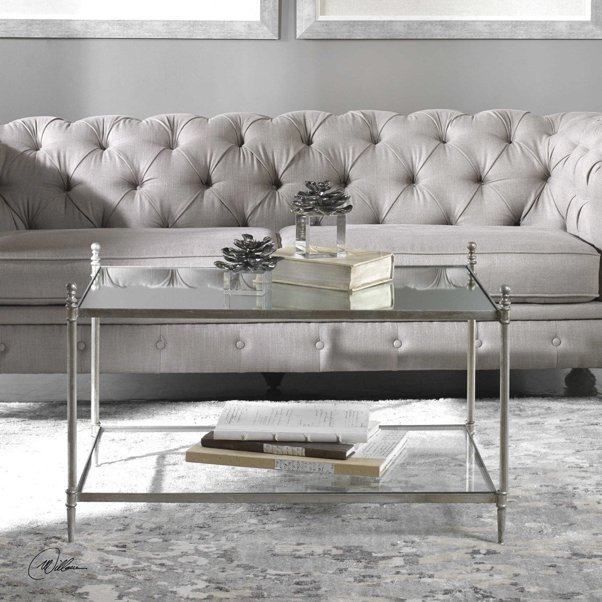 Uttermost Gannon Glass Top With Antiqued Silver Leaf Iron Coffee Table - Image 1