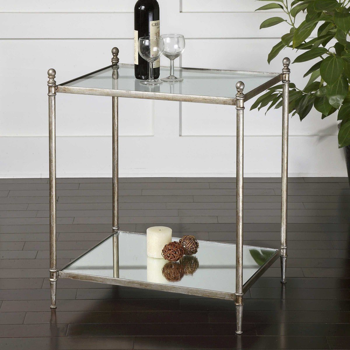Uttermost Gannon Glass Top With Antiqued Silver Leaf Iron End Table - Image 1