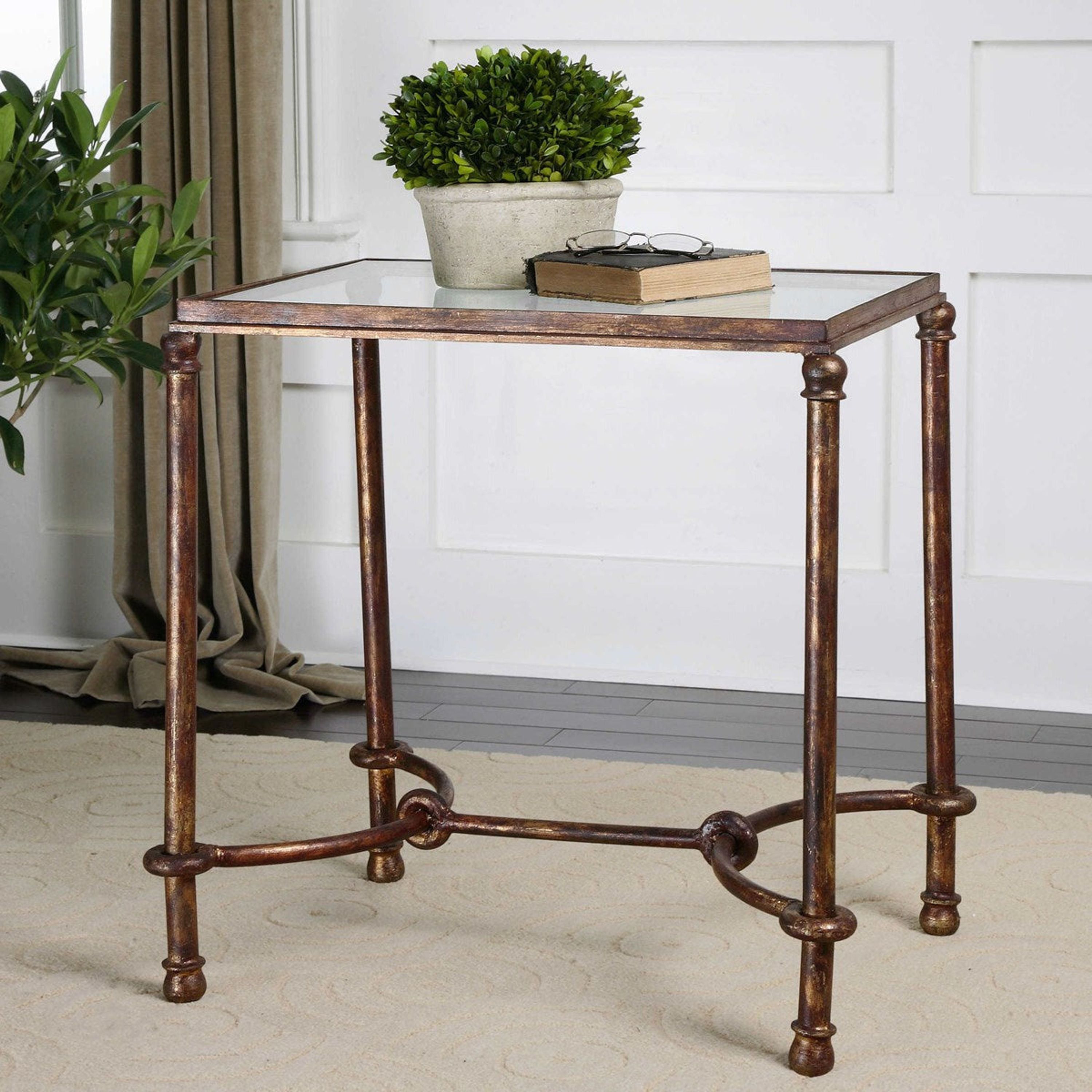 Uttermost Warring Glass Top With Rustic Bronze Iron Base End Table