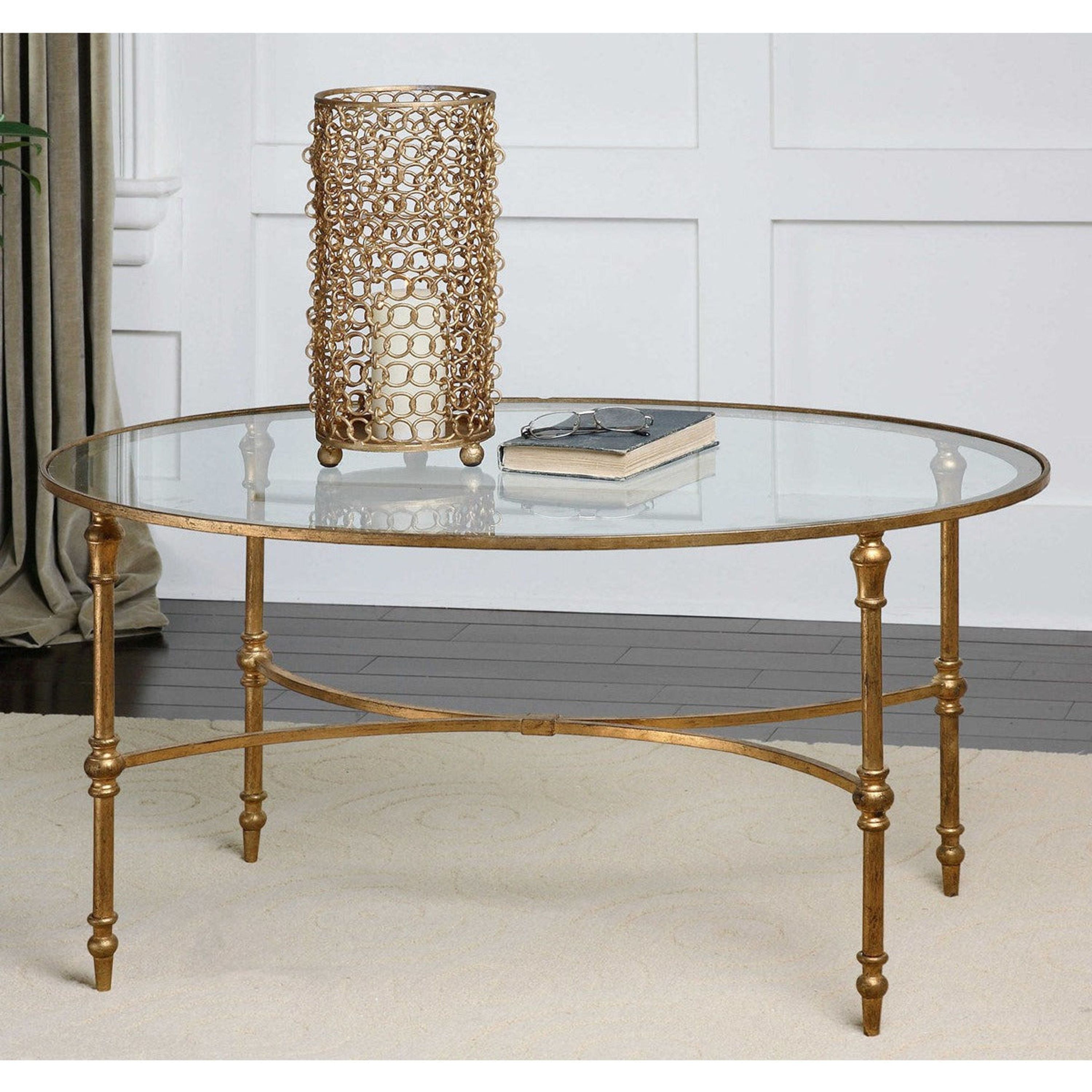 Uttermost Vitya Glass Top With Antiqued Gold Leaf Base Contemporary Coffee Table - Image 2