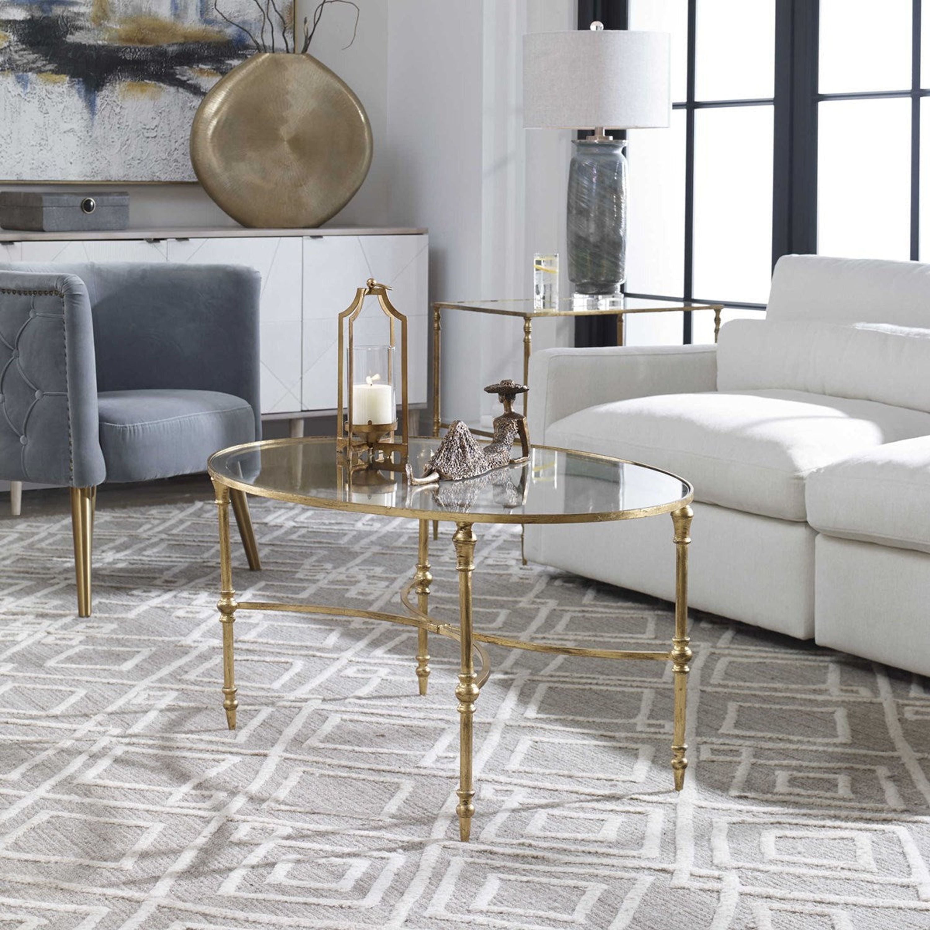 Uttermost Vitya Glass Top With Antiqued Gold Leaf Base Contemporary Coffee Table