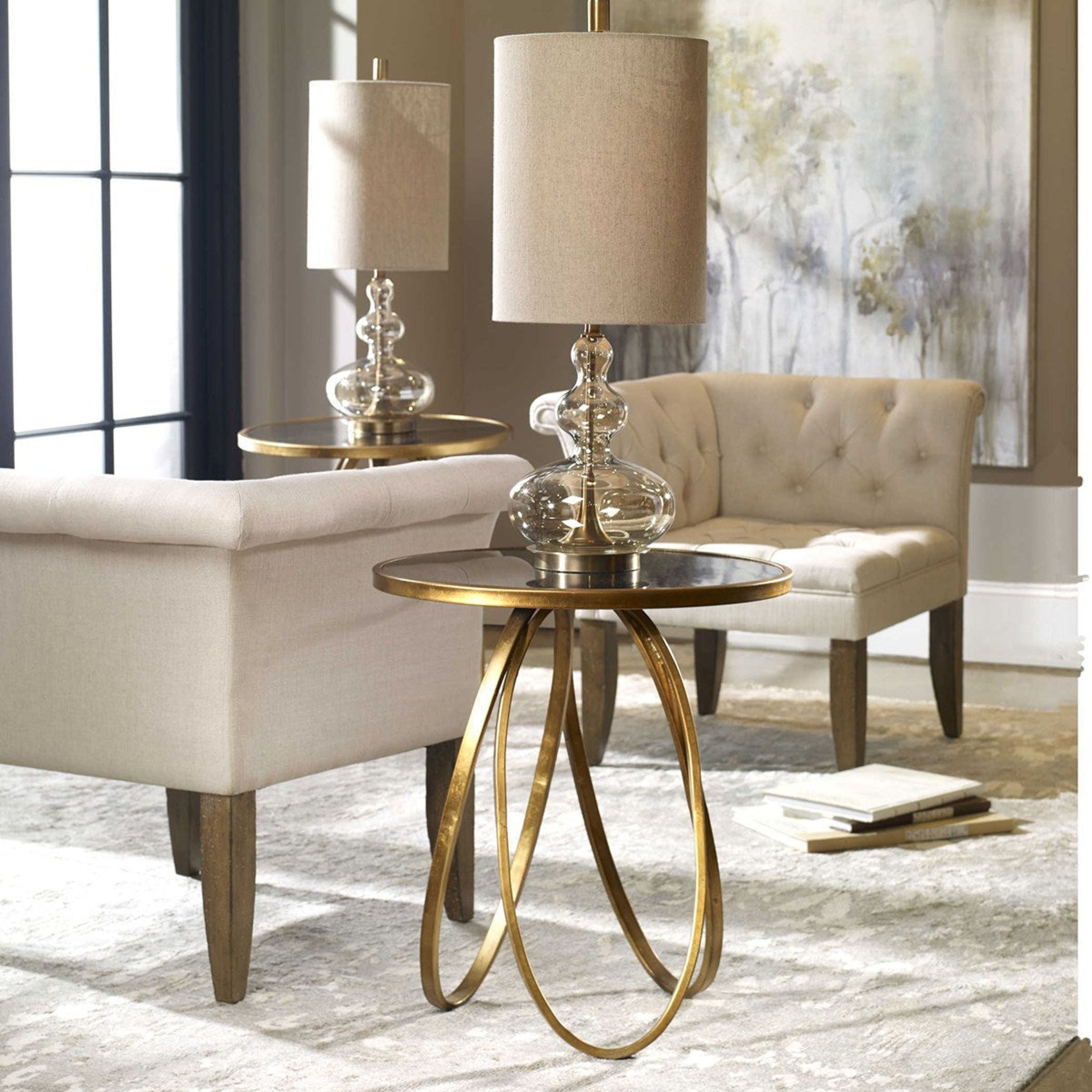 Uttermost Montrez Antiqued Mirror Top With Glazed Gold Leaf Iron Contemporary Side Table - Image 1