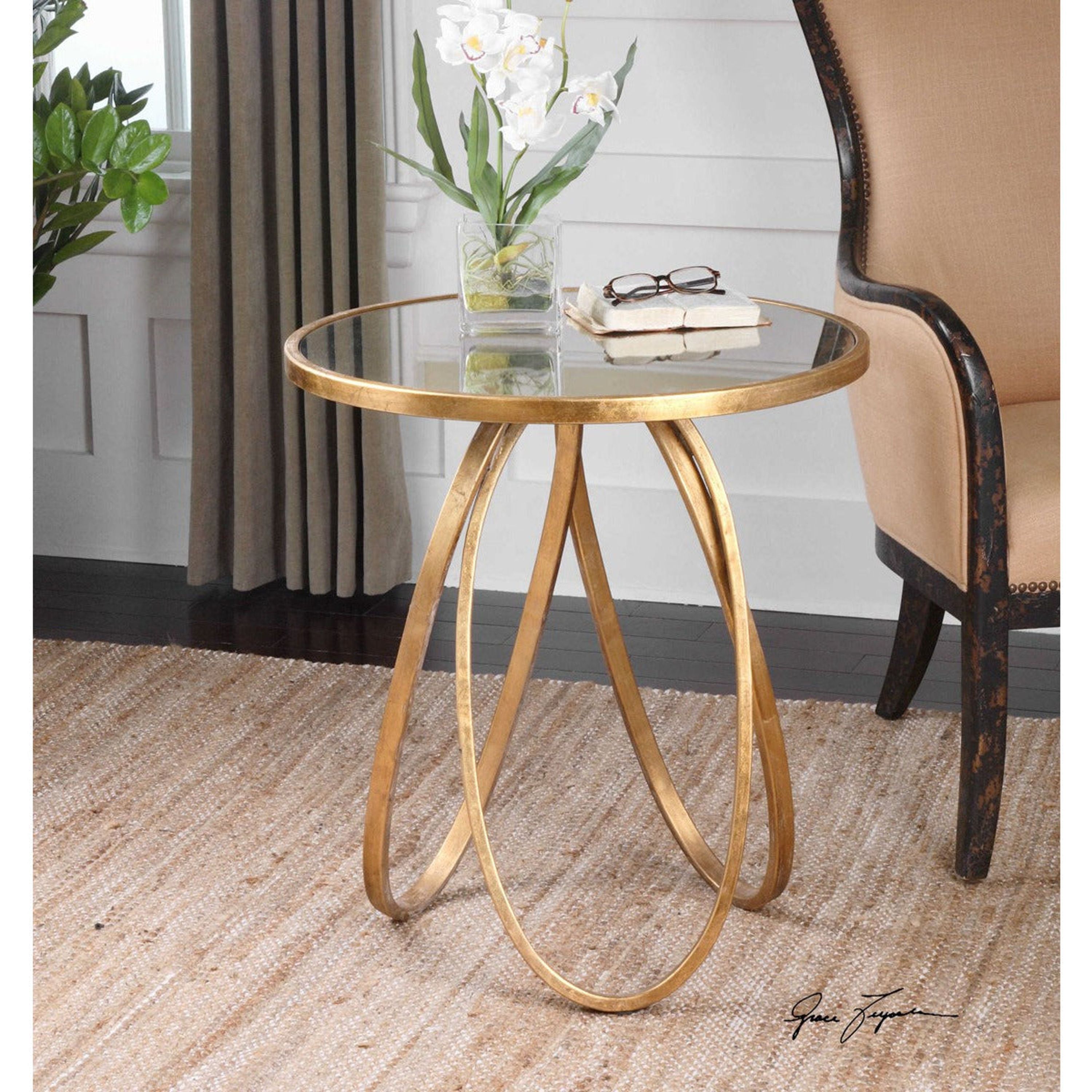 Uttermost Montrez Antiqued Mirror Top With Glazed Gold Leaf Iron Contemporary Side Table - Image 3