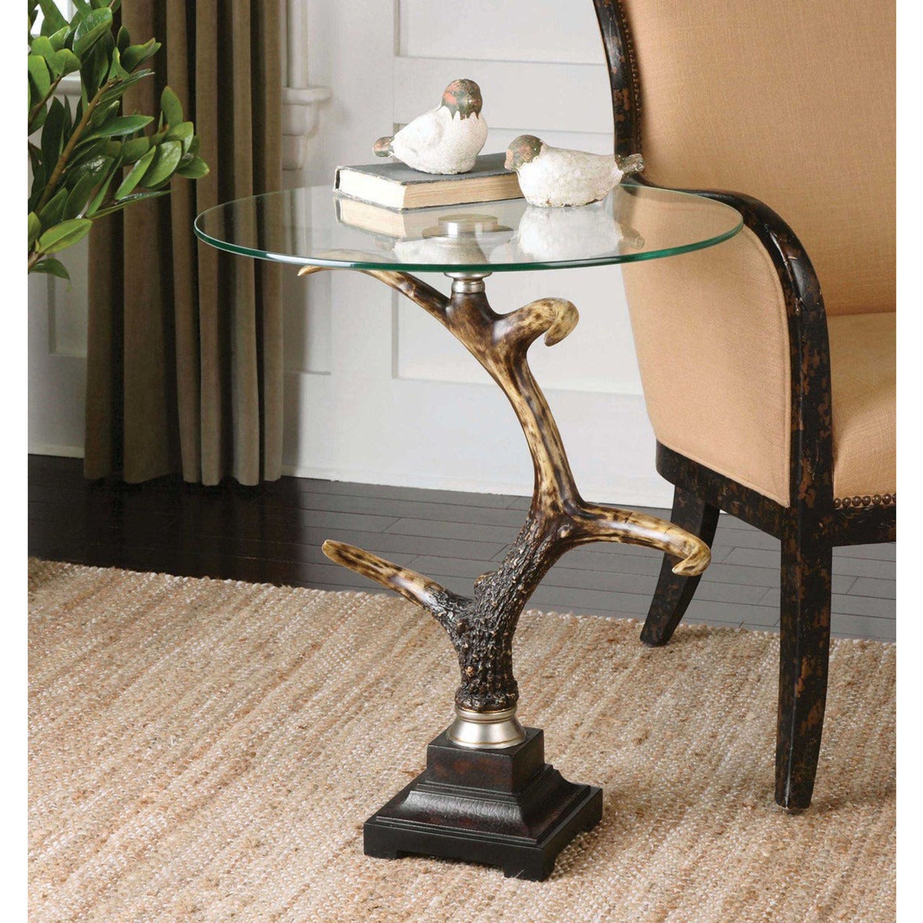 Uttermost Stag Horn Glass Top With Black and Broze Base Rustic Modern Side Table - Image 2