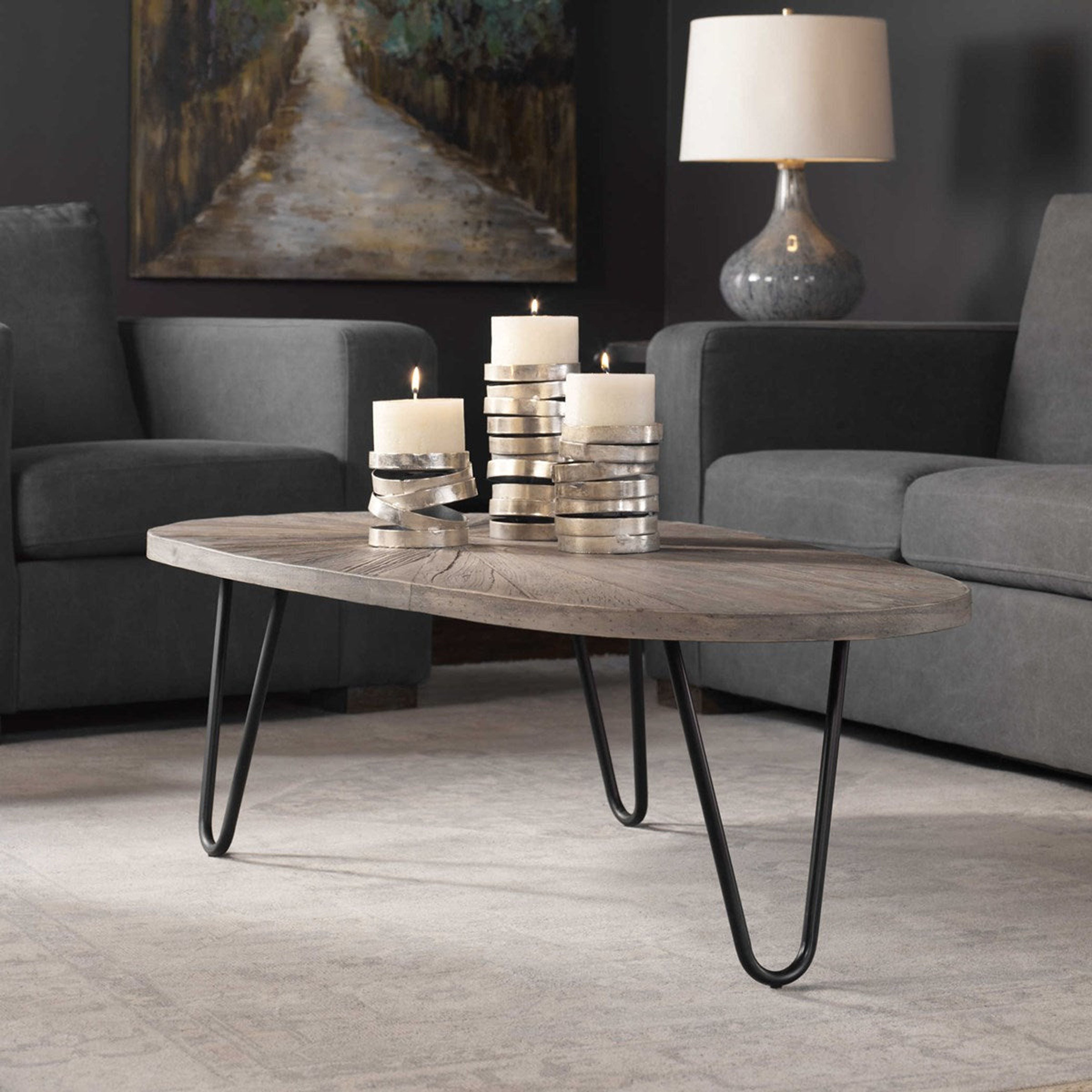 Uttermost Leveni Reclaimed Weathered Gray Wash Wood and Black Iron Rustic Modern Coffee Table - Image 1