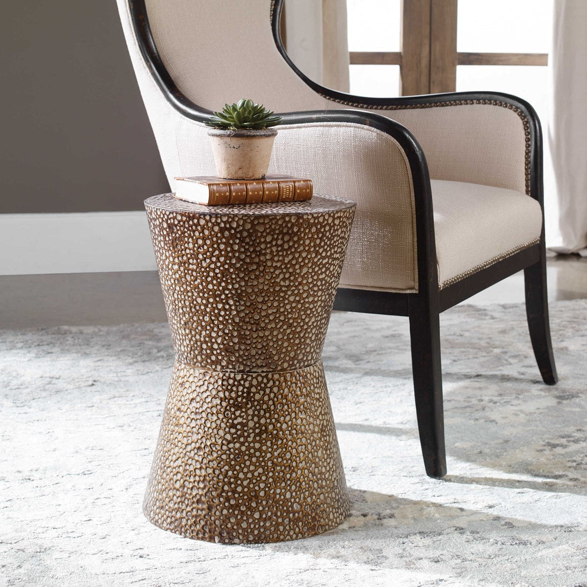 Uttermost Cutler Antiqued Copper Bronze Hammered Metal Accent Table - Image 1