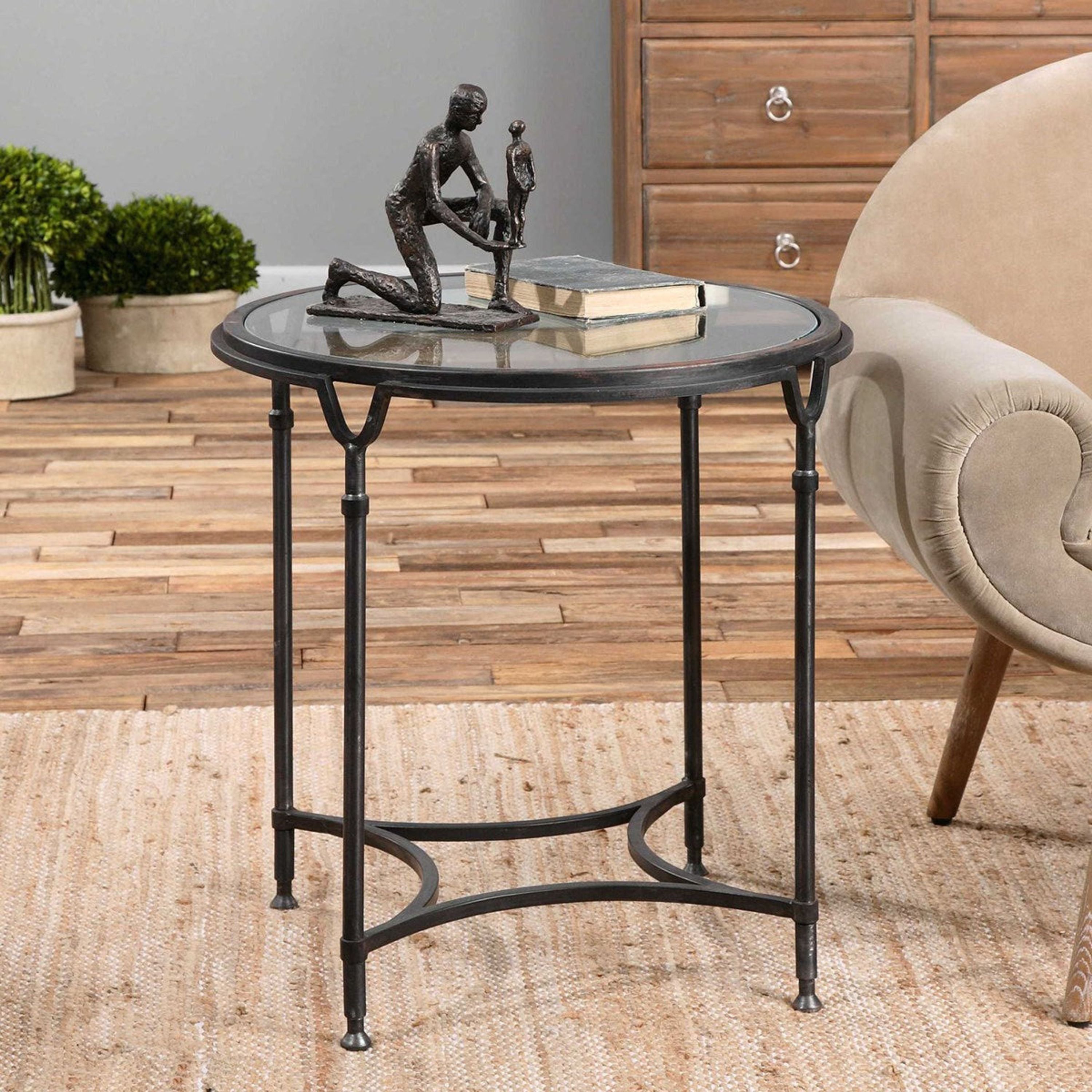 Uttermost Samson Glass Top With Aged Black Steel Base Round Side Table - Image 2
