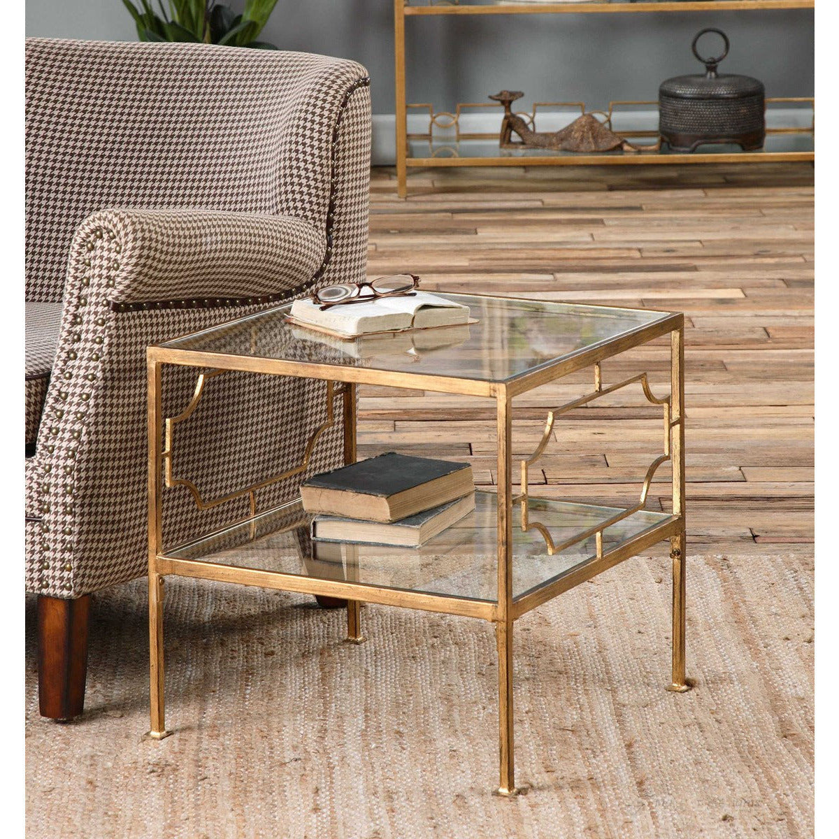 Uttermost Genell Glass Top With Antiqued Gold Iron Contemporary Accent Table - Image 1