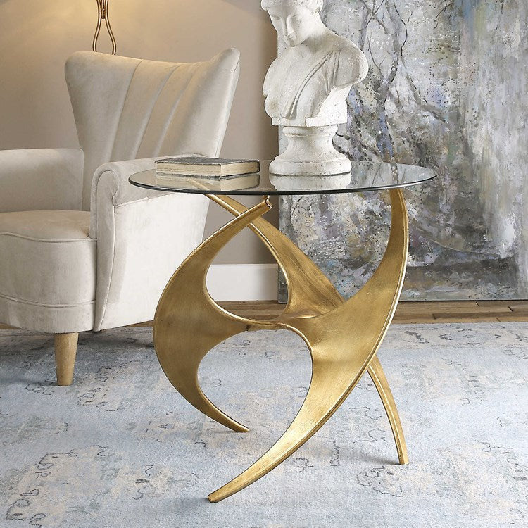 Uttermost Graciano Glass Top With Antiqued Gold Metal Sculptural Accent Table - Image 1