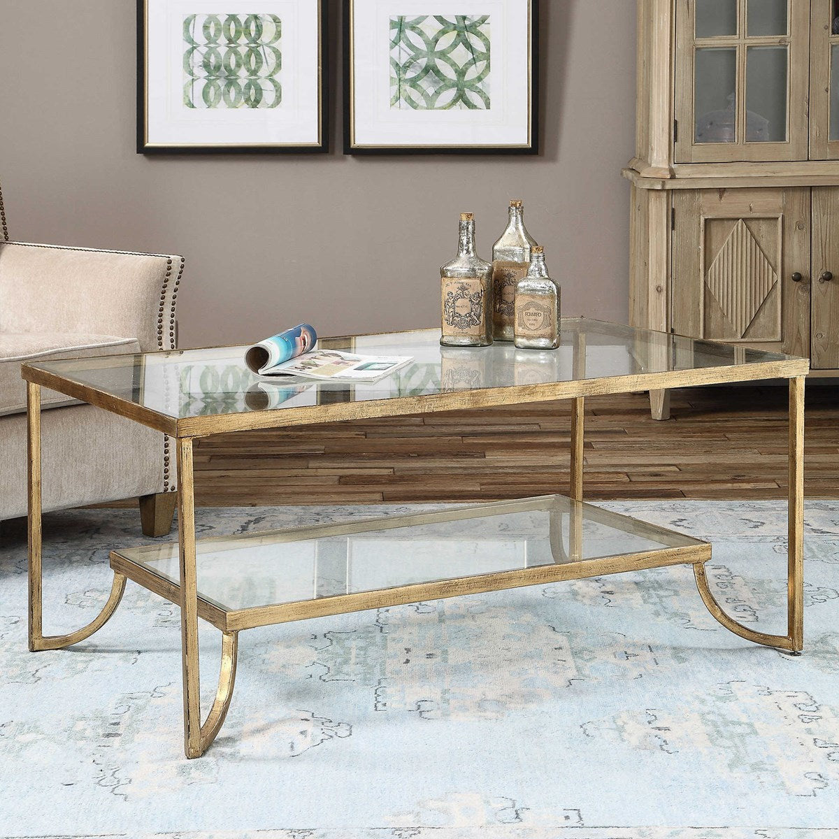 Uttermost Katina Glass Top With Antiqued Gold Iron Coffee Table - Image 3