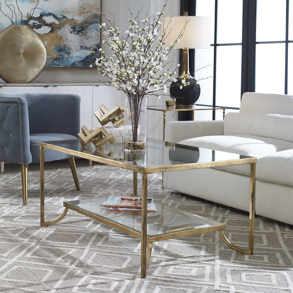 Uttermost Katina Glass Top With Antiqued Gold Iron Coffee Table - Image 1