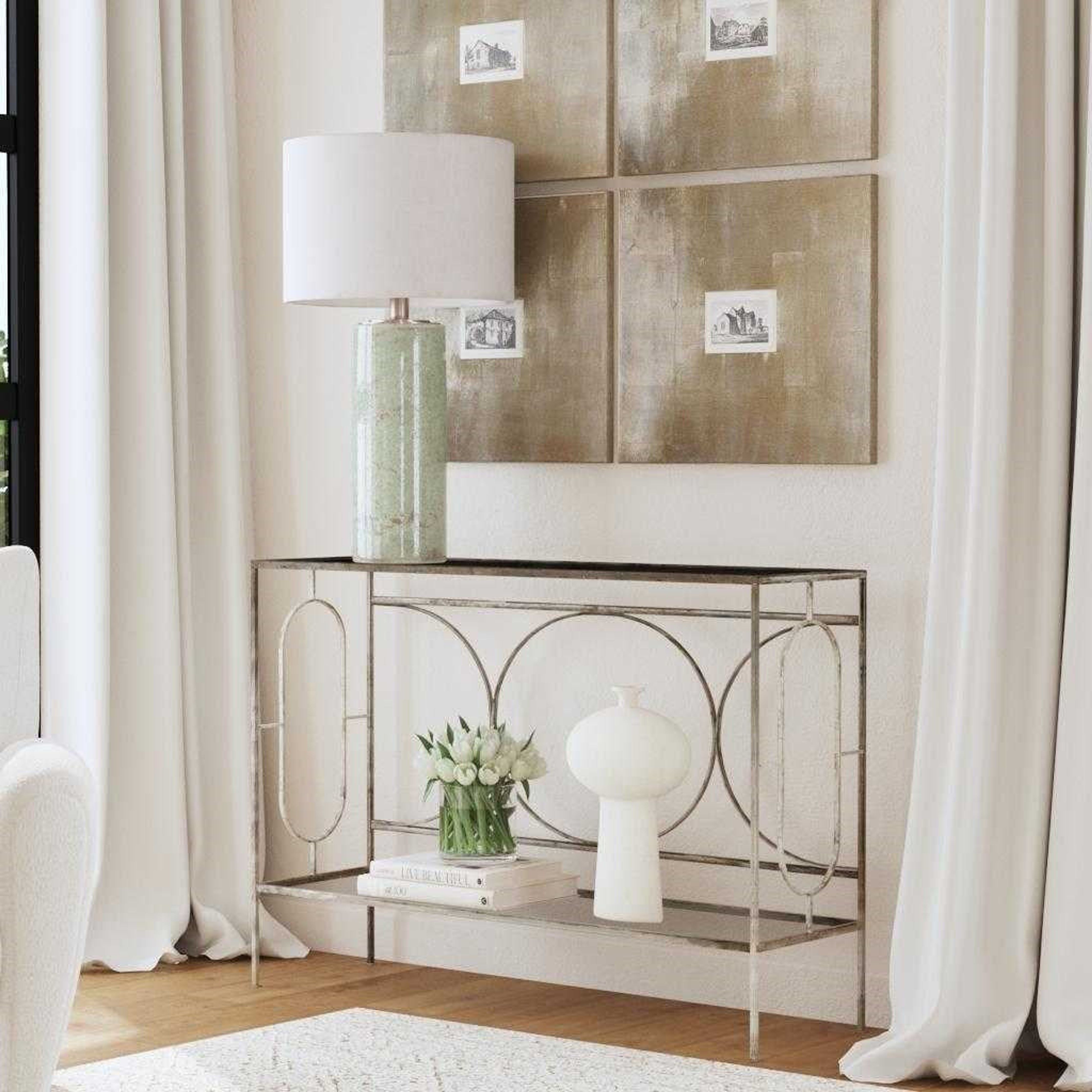 Uttermost Luano Glass Top With Distressed Antiqued Silver Iron Base Contemporary Console Table - Image 1