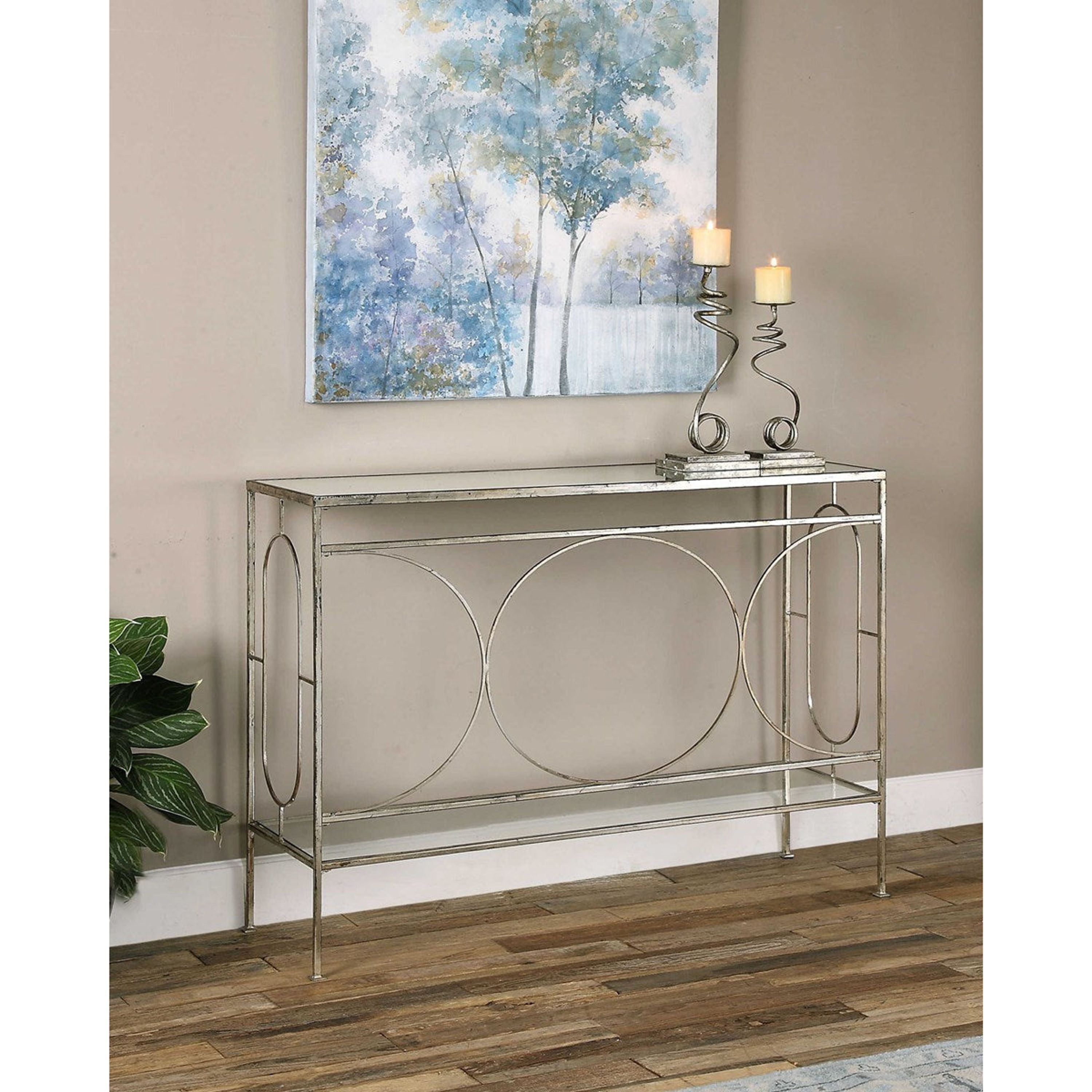 Uttermost Luano Glass Top With Distressed Antiqued Silver Iron Base Contemporary Console Table - Image 3