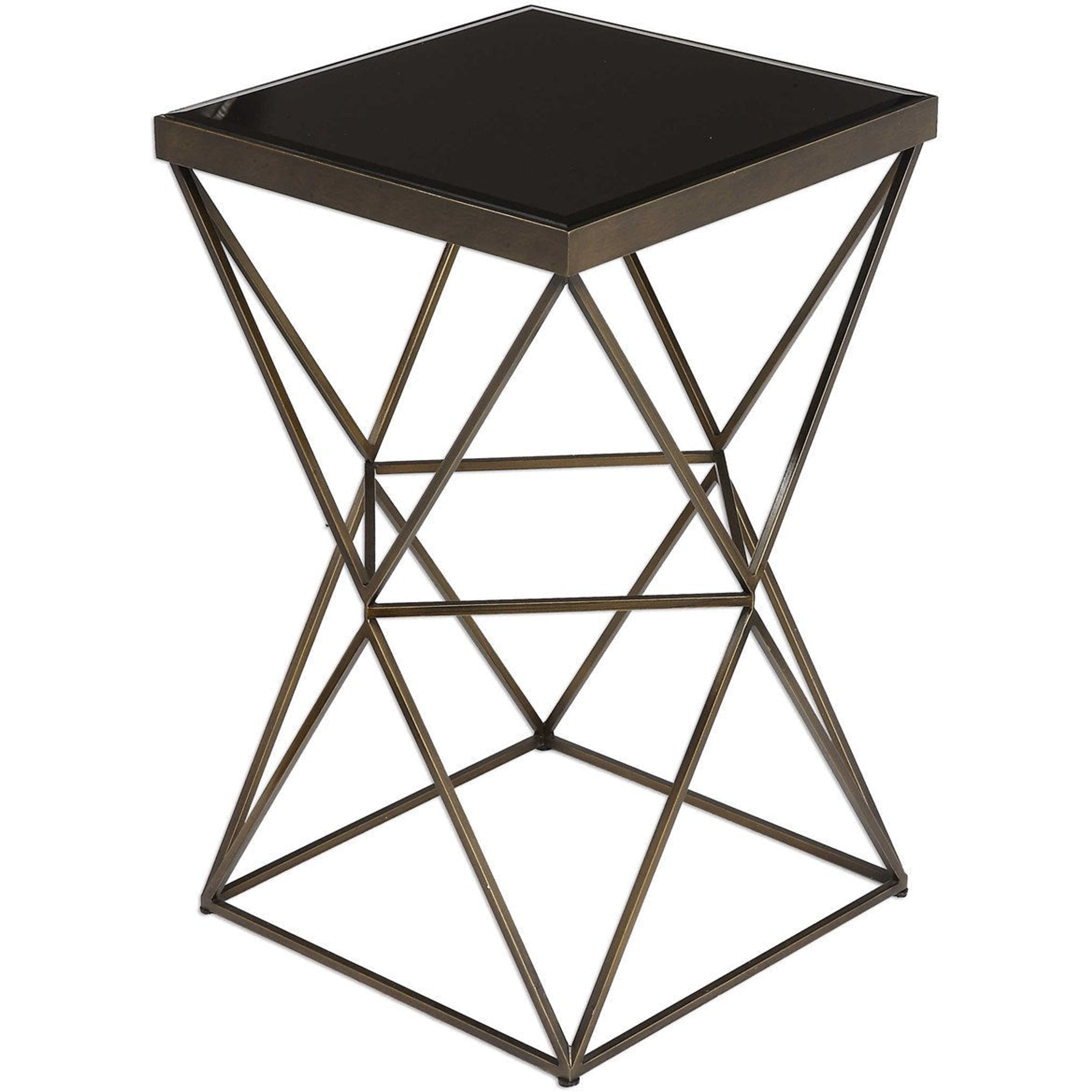 Uttermost Uberto Black Glass Top With Antique Bronze Steel Geometric Modern Accent Table