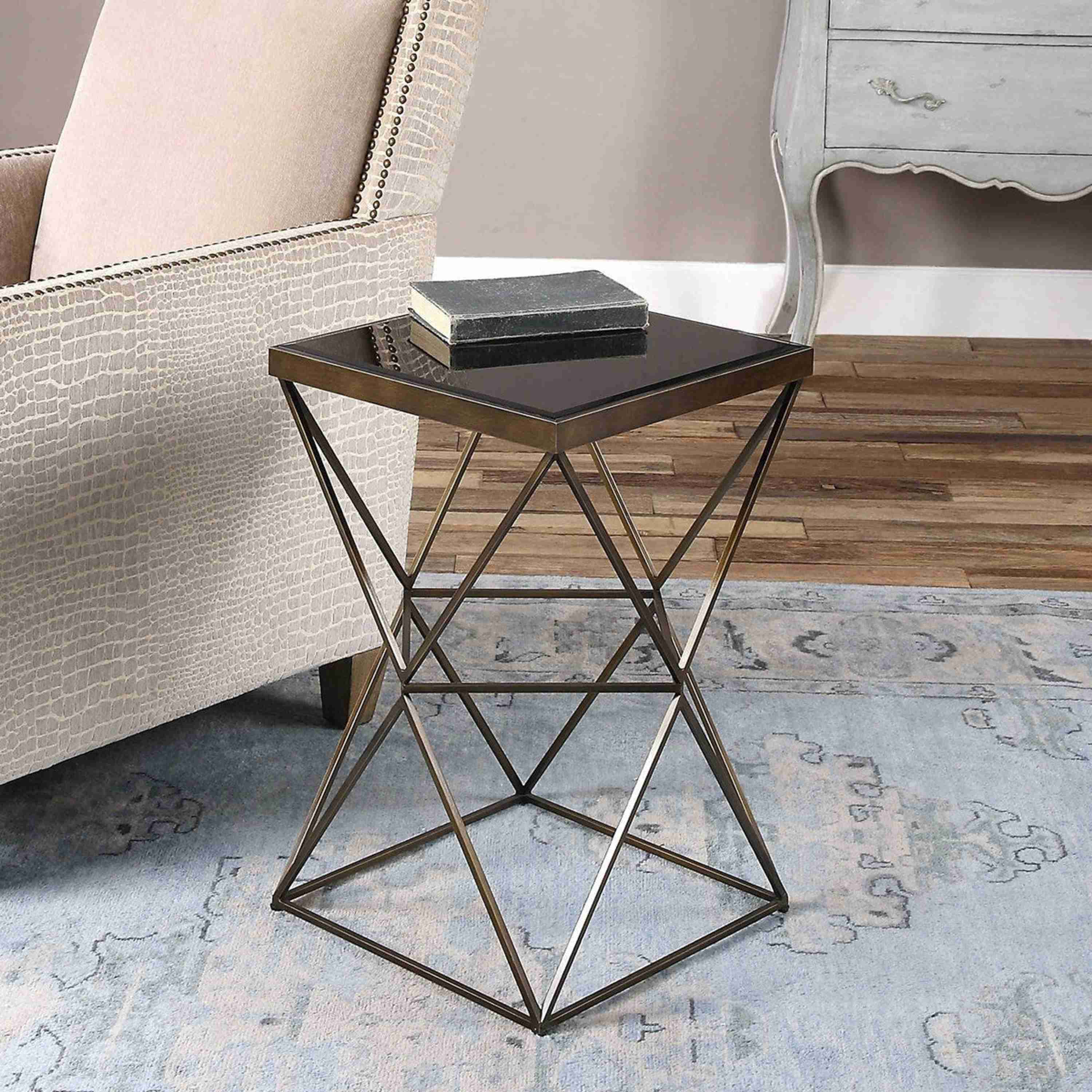 Uttermost Uberto Black Glass Top With Antique Bronze Steel Geometric Modern Accent Table - Image 2