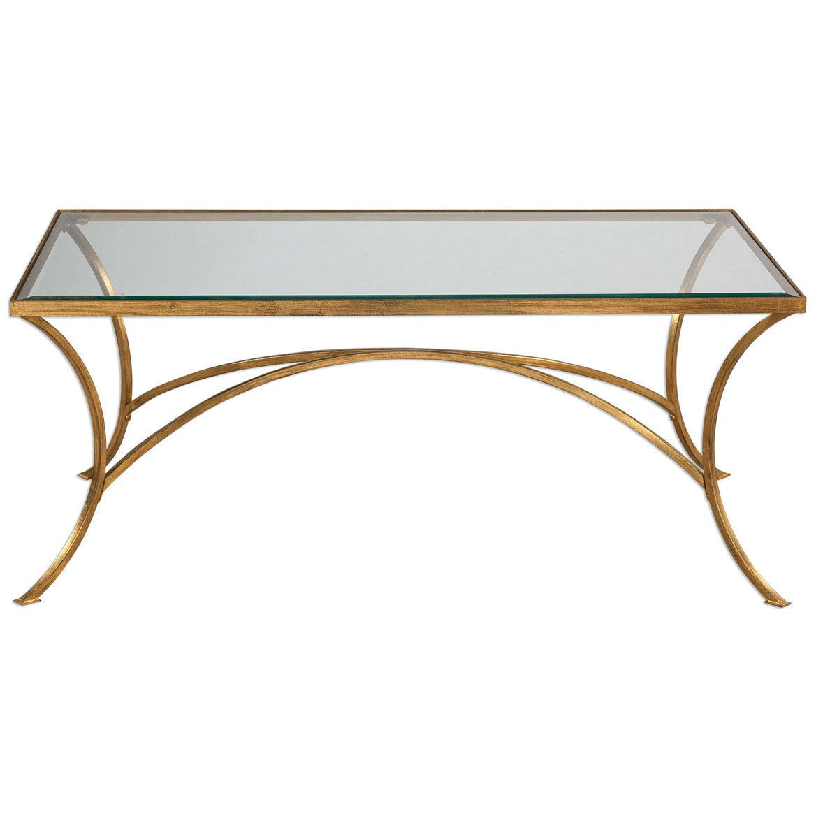 Uttermost Alayna Glass Top With Antiqued Gold Leaf Iron Base Coffee Table - Image 2
