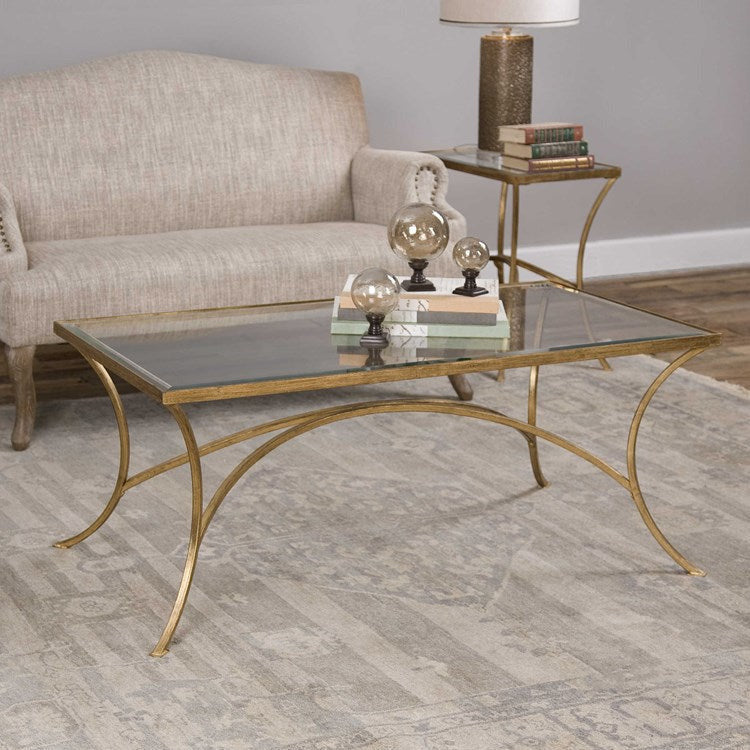 Uttermost Alayna Glass Top With Antiqued Gold Leaf Iron Base Coffee Table - Image 3