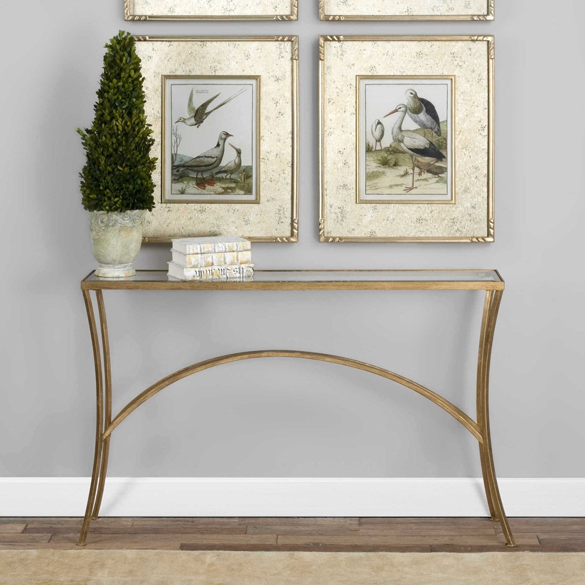 Uttermost Alayna Glass Top With Antiqued Gold Leaf Iron Base Console Table - Image 2