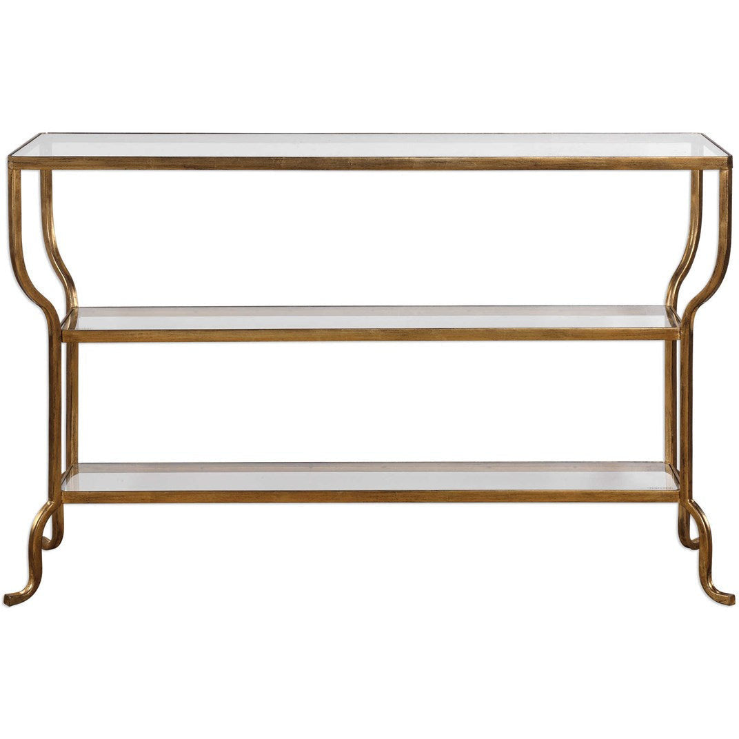 Uttermost Deline Glass Top Shelves With Antiqued Gold Iron Console Table - Image 3