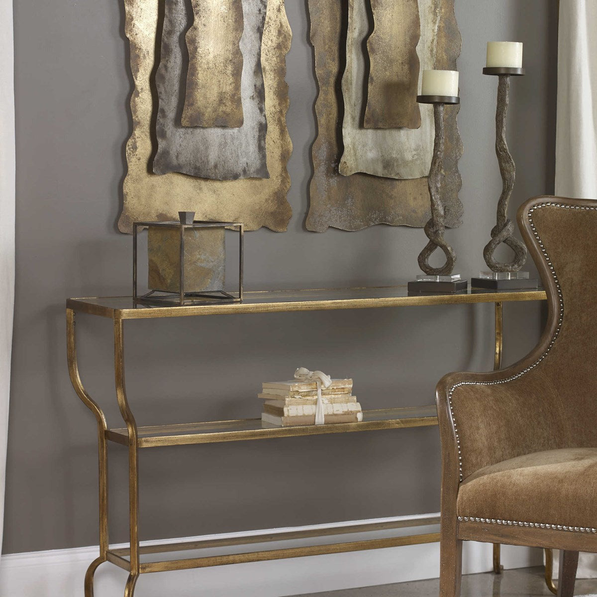 Uttermost Deline Glass Top Shelves With Antiqued Gold Iron Console Table - Image 1