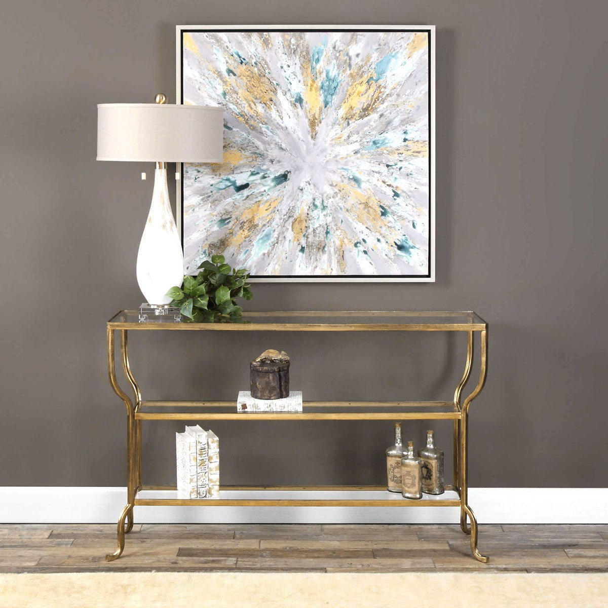 Uttermost Deline Glass Top Shelves With Antiqued Gold Iron Console Table - Image 2