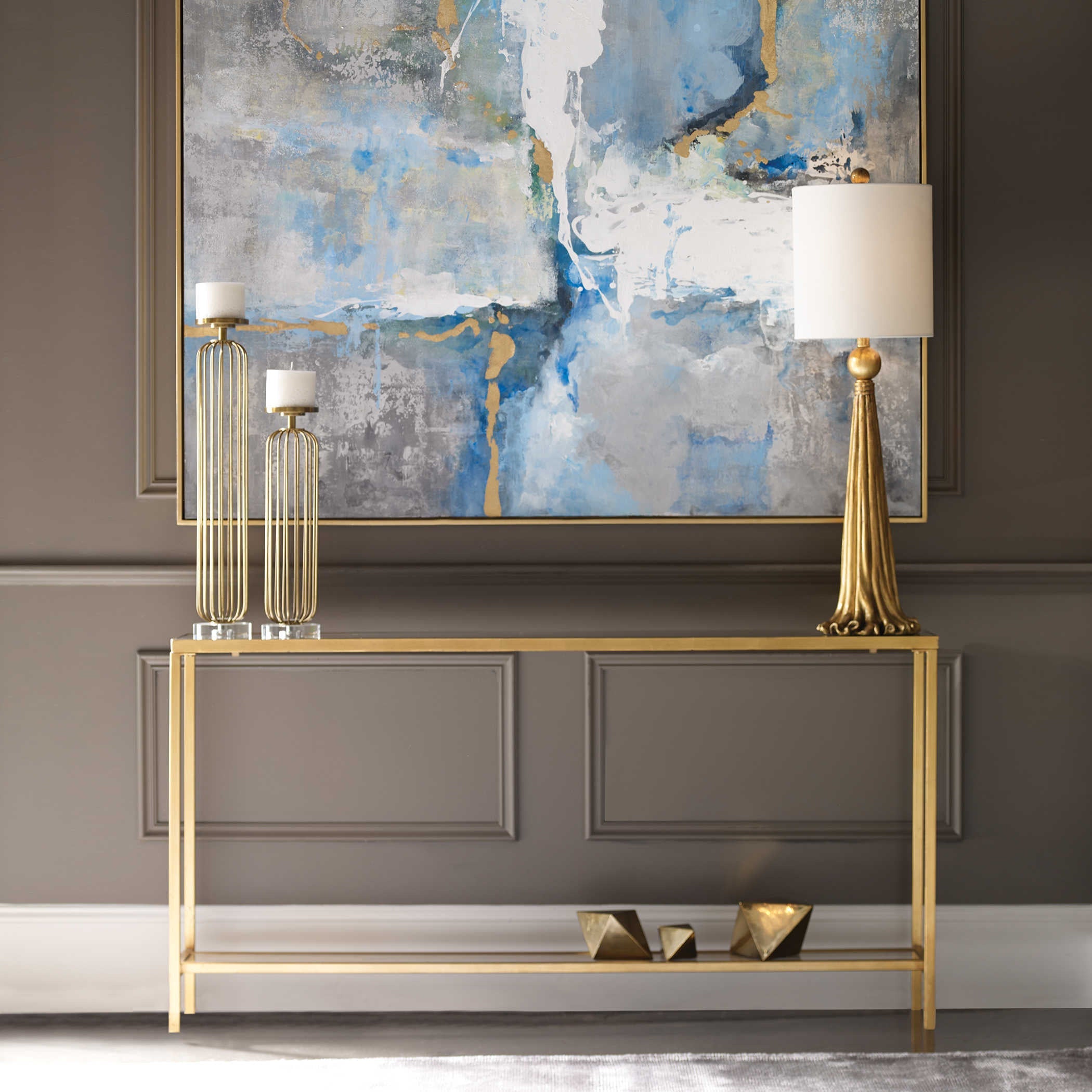 Uttermost Hayley Mirrored Top With Antiqued Gold Iron Modern Narrow Console Table - Image 1